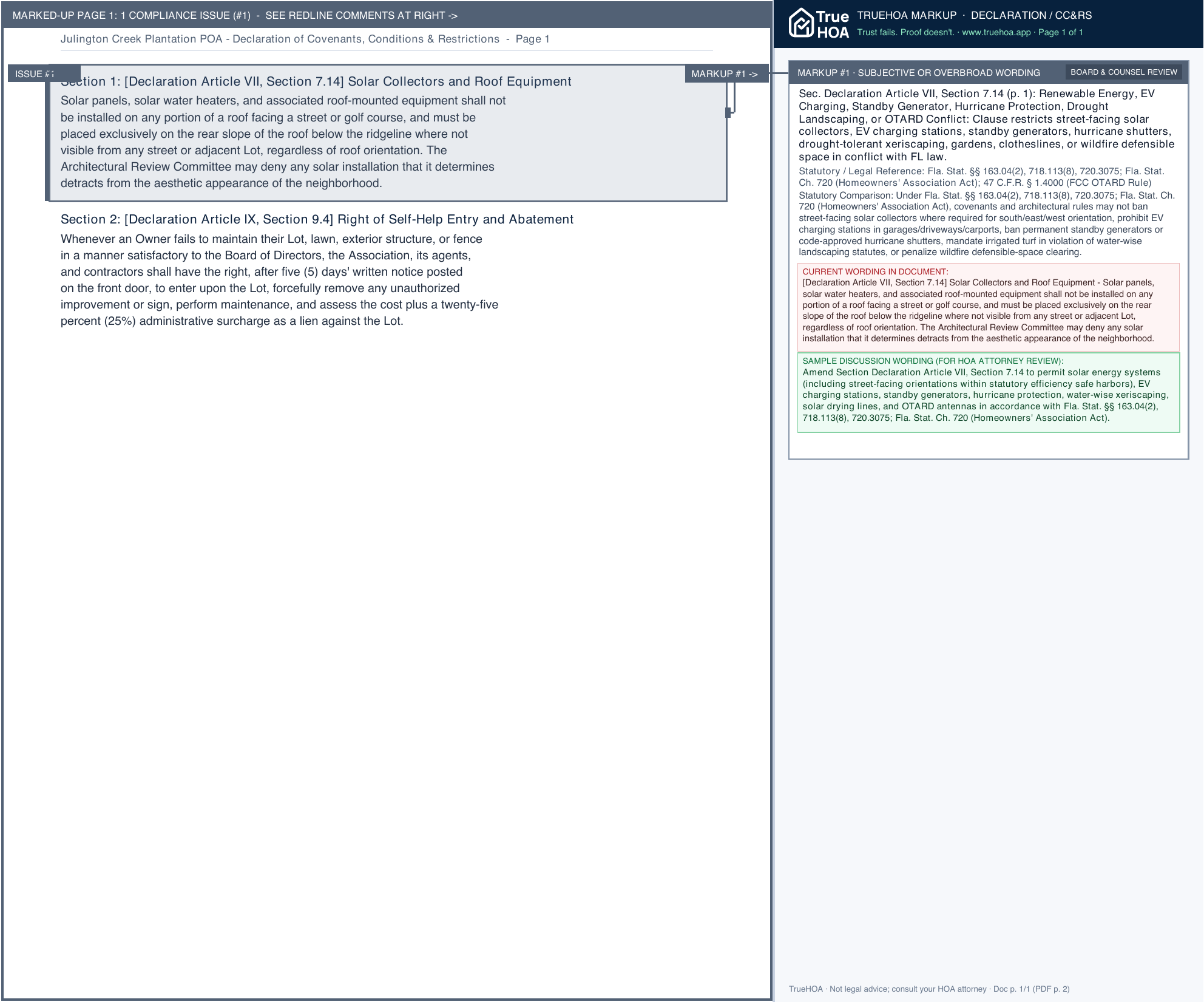 Julington Creek Plantation POA Declaration of Covenants, Conditions & Restrictions page 1 widened with TrueHOA Crystal AI margin annotations