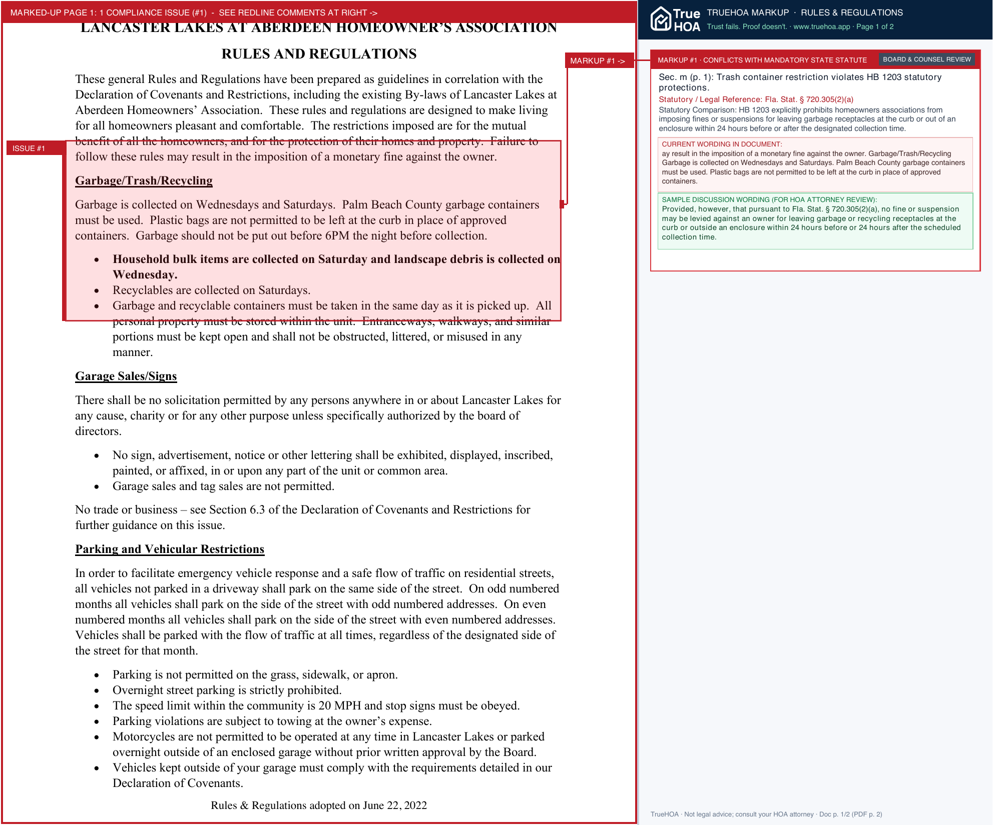 Lancaster Lakes HOA LANCASTER LAKES RULES AND REGULATIONS page 1 widened with TrueHOA Crystal AI margin annotations