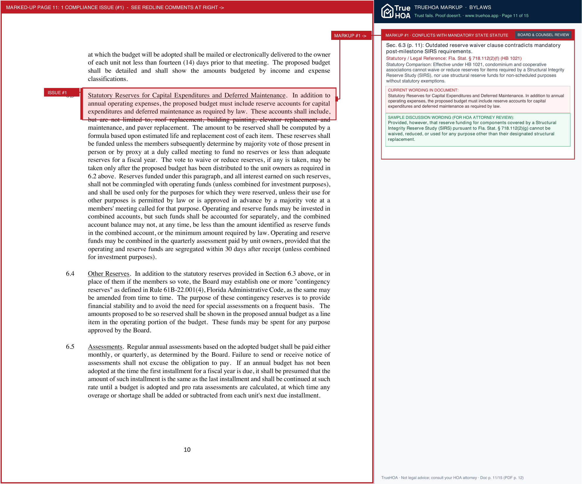 Las Olas Villas Condominium Association LOV Bylaws page 11 widened with TrueHOA Crystal AI margin annotations