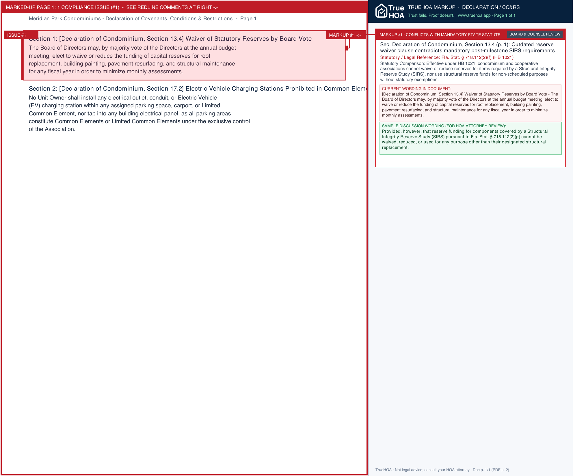 Meridian Park Condominiums Declaration of Covenants, Conditions & Restrictions page 1 widened with TrueHOA Crystal AI margin annotations