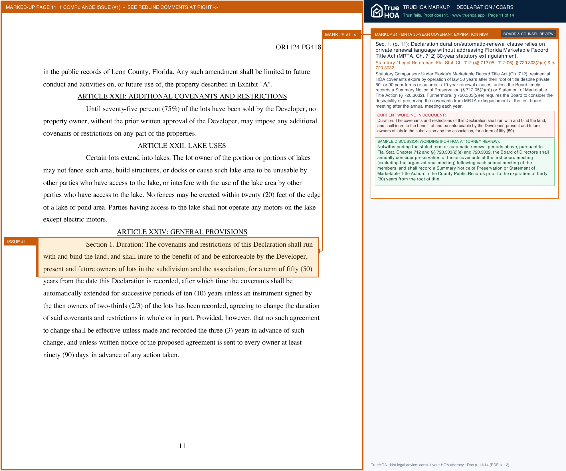 Northshire Development POA Declaration of Covenants, Conditions & Restrictions page 11 widened with TrueHOA Crystal AI margin annotations