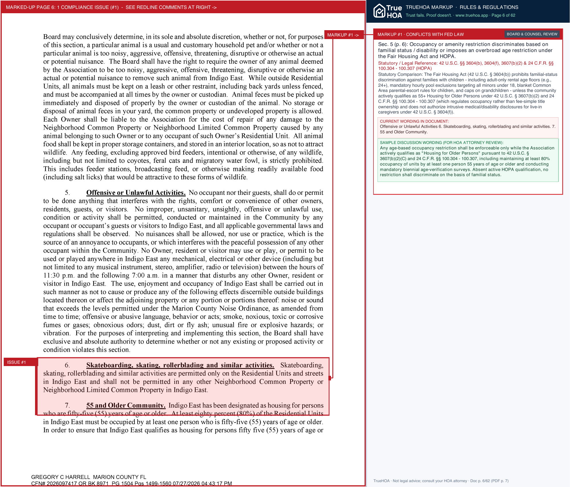 On Top of the World Central HOA 2026 07 24 Indigo East Amended Rules Regulations BK 8971 PG 1499 1560 page 6 widened with TrueHOA Crystal AI margin annotations
