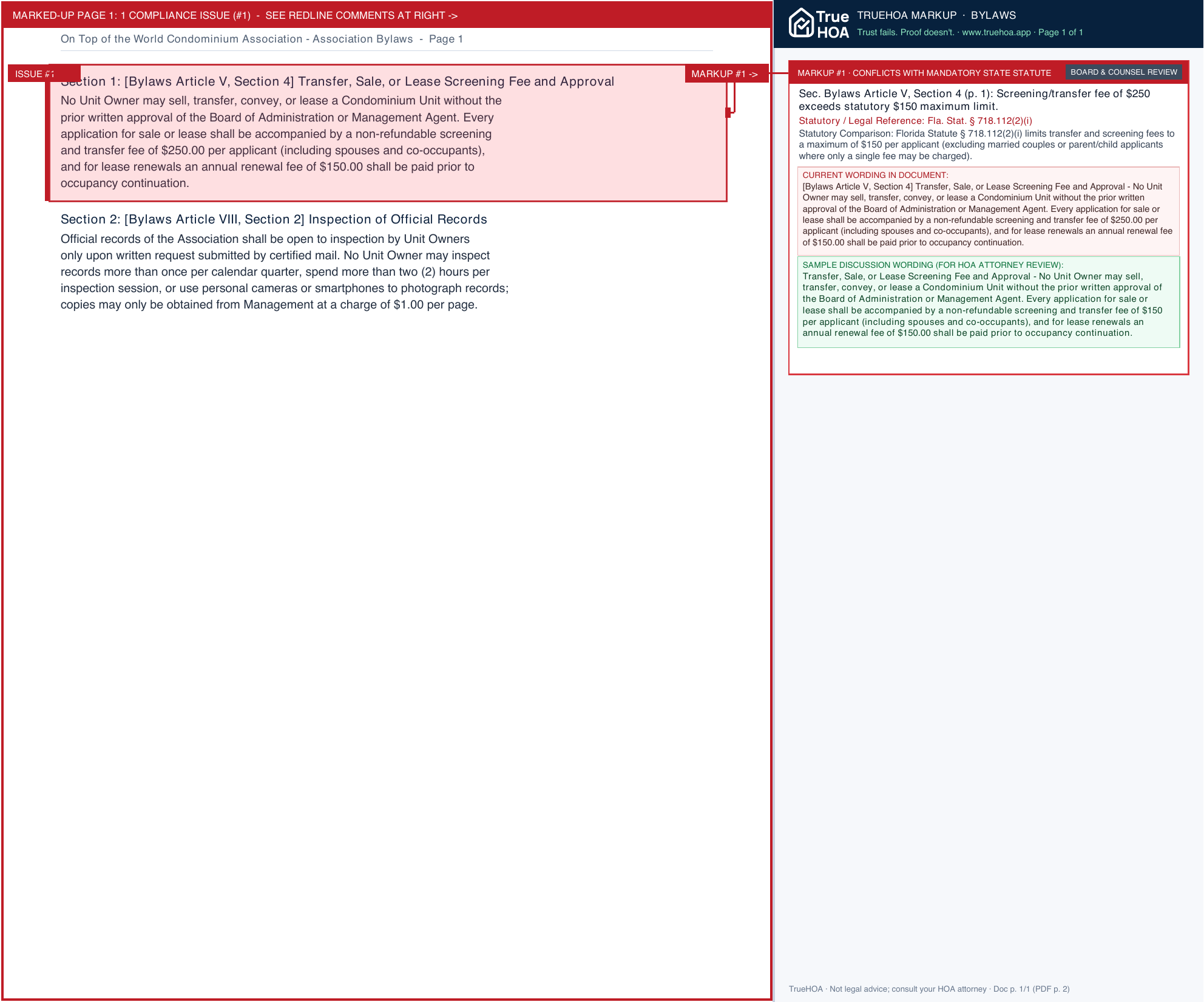 On Top of the World Condominium Association Association Bylaws page 1 widened with TrueHOA Crystal AI margin annotations