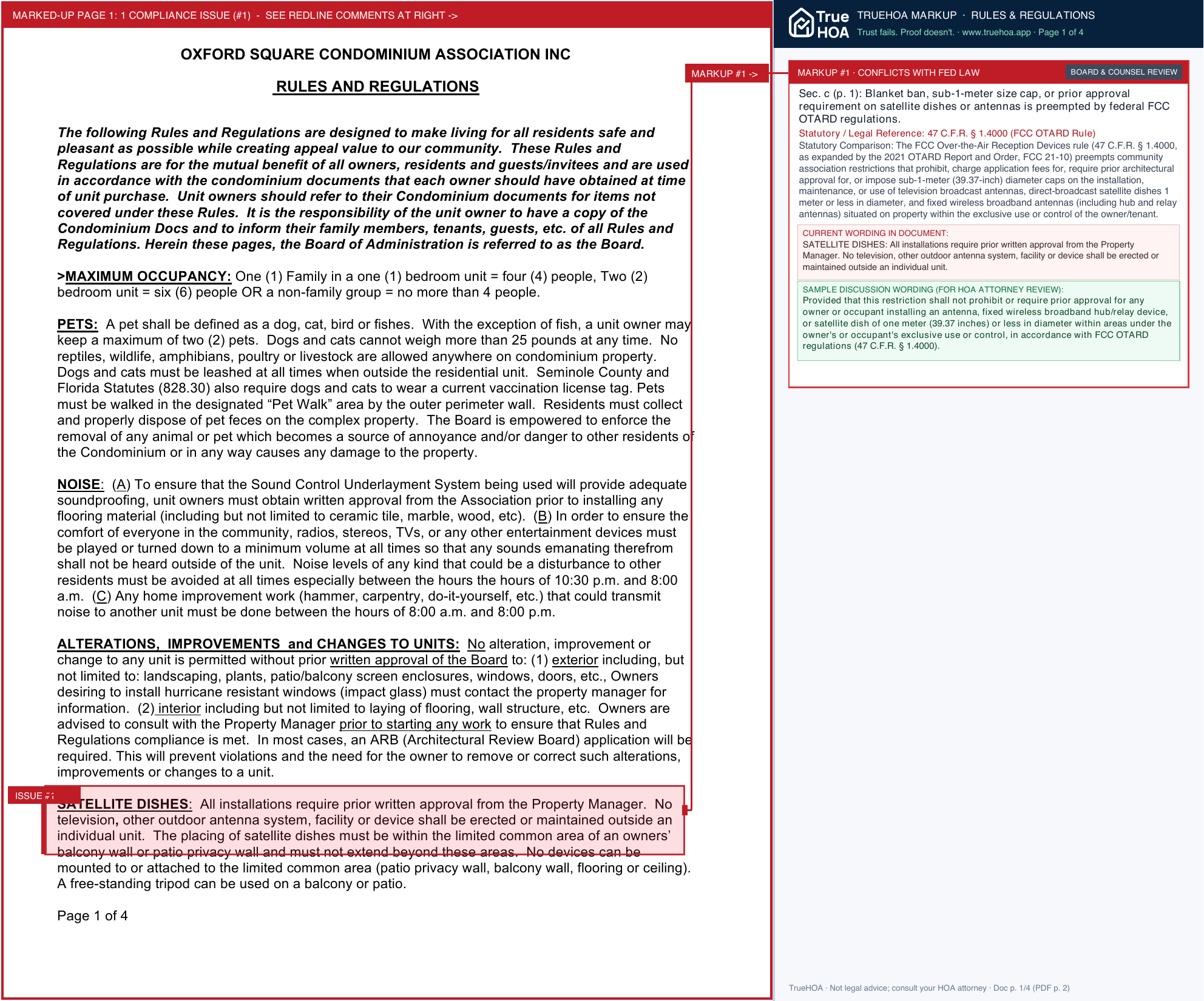 Oxford Square Condominium Association Rules and Regulations page 1 widened with TrueHOA Crystal AI margin annotations