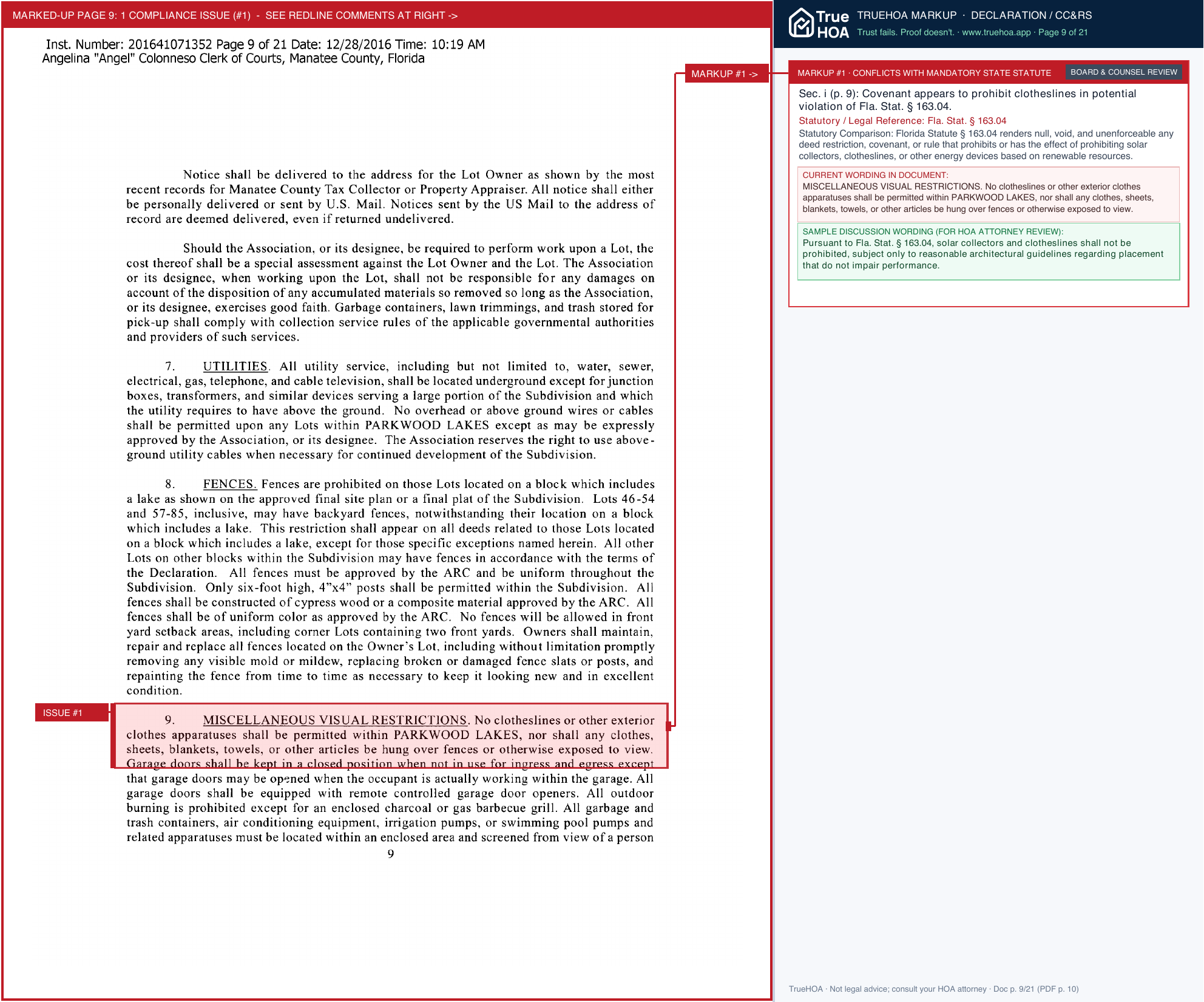 Parkwood Lakes HOA Declaration of Covenants page 9 widened with TrueHOA Crystal AI margin annotations
