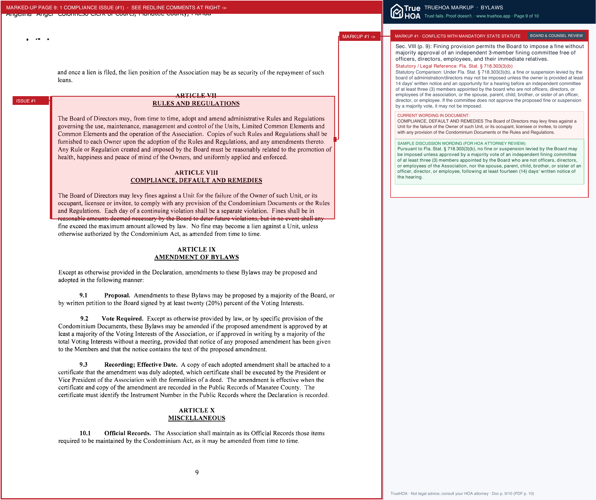 Pinehurst Estates Condominium Association PHE DOCS Bylaws 2019 05 24 page 9 widened with TrueHOA Crystal AI margin annotations