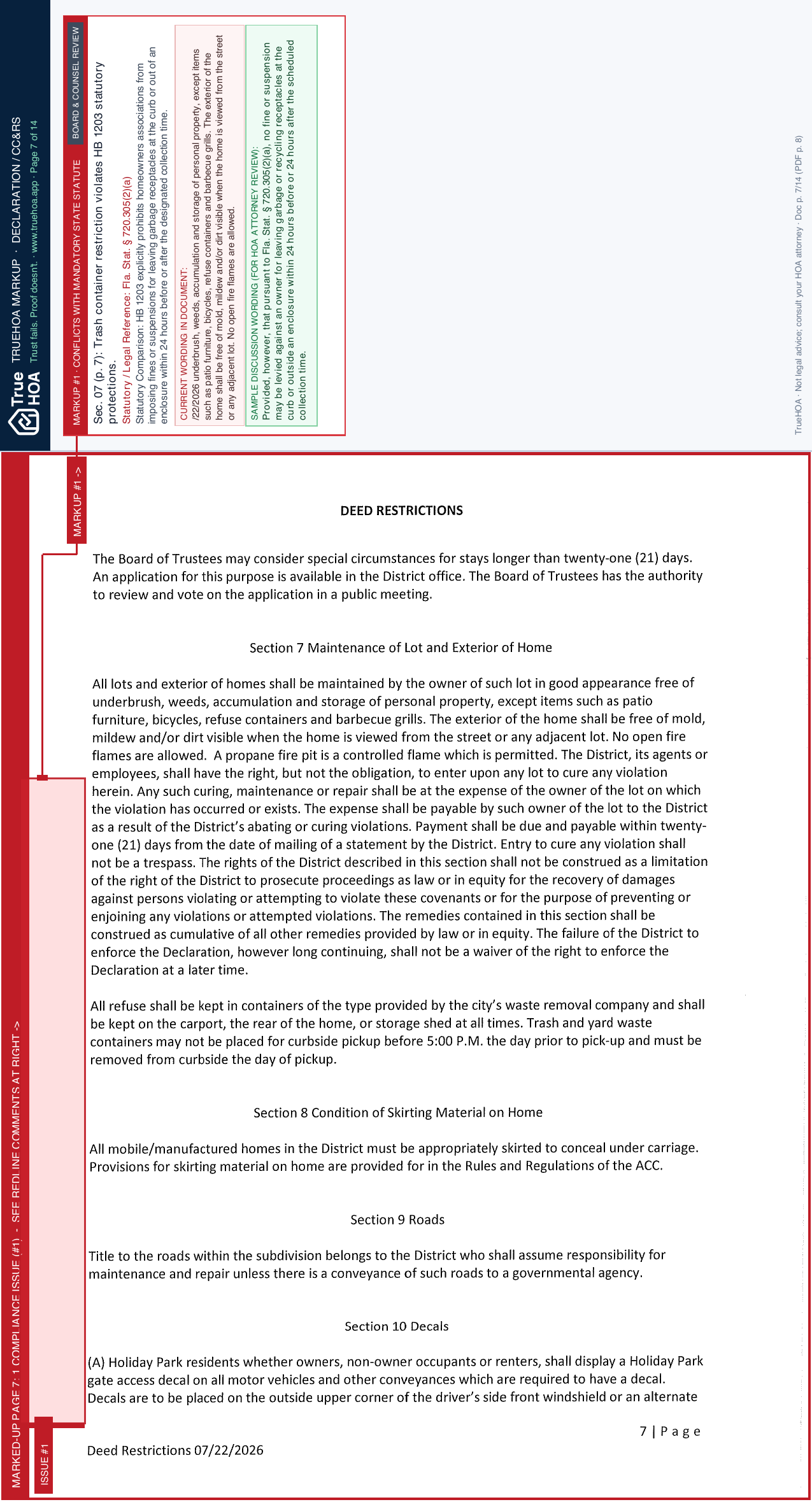Port Malabar Holiday Park Deed Restrictions page 7 widened with TrueHOA Crystal AI margin annotations