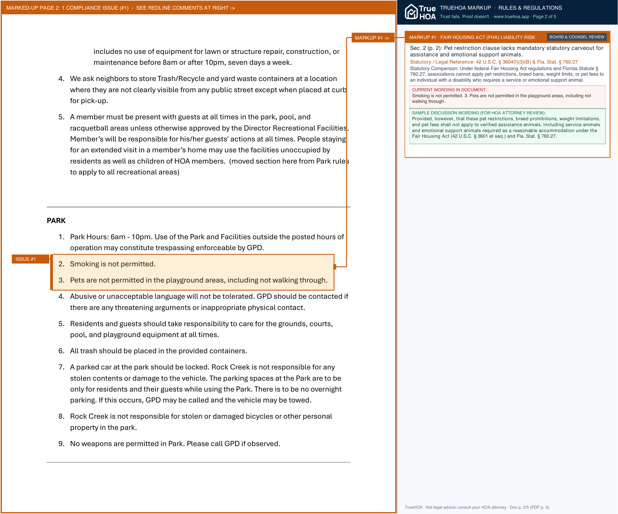 Rock Creek Owners Association RCOA 2024 Rules and Regulations page 2 widened with TrueHOA Crystal AI margin annotations