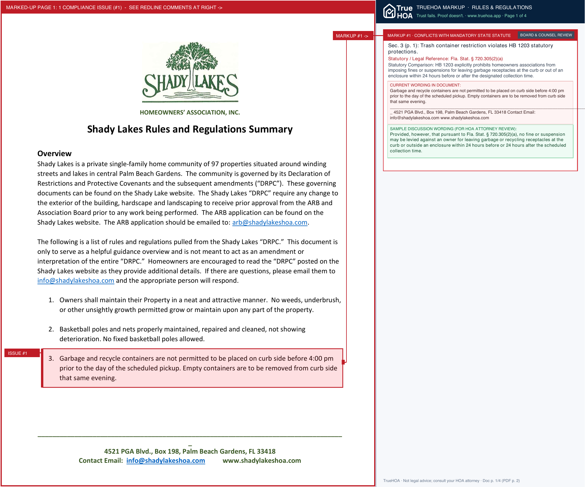 Shady Lakes HOA Rules, Regulations & Community Standards page 1 widened with TrueHOA Crystal AI margin annotations