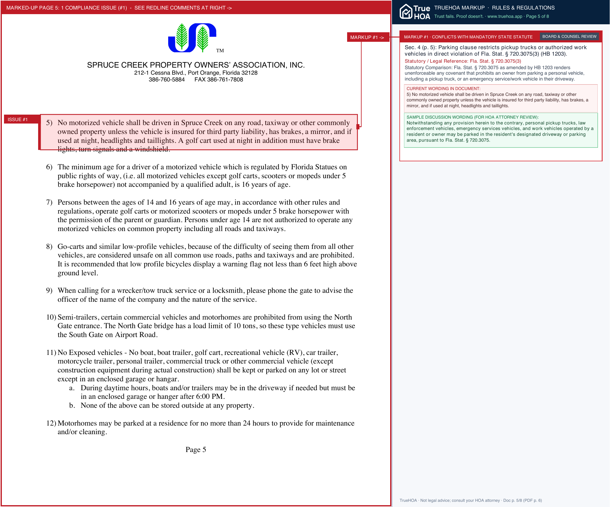 Spruce Creek POA Rules and Regulations page 5 widened with TrueHOA Crystal AI margin annotations