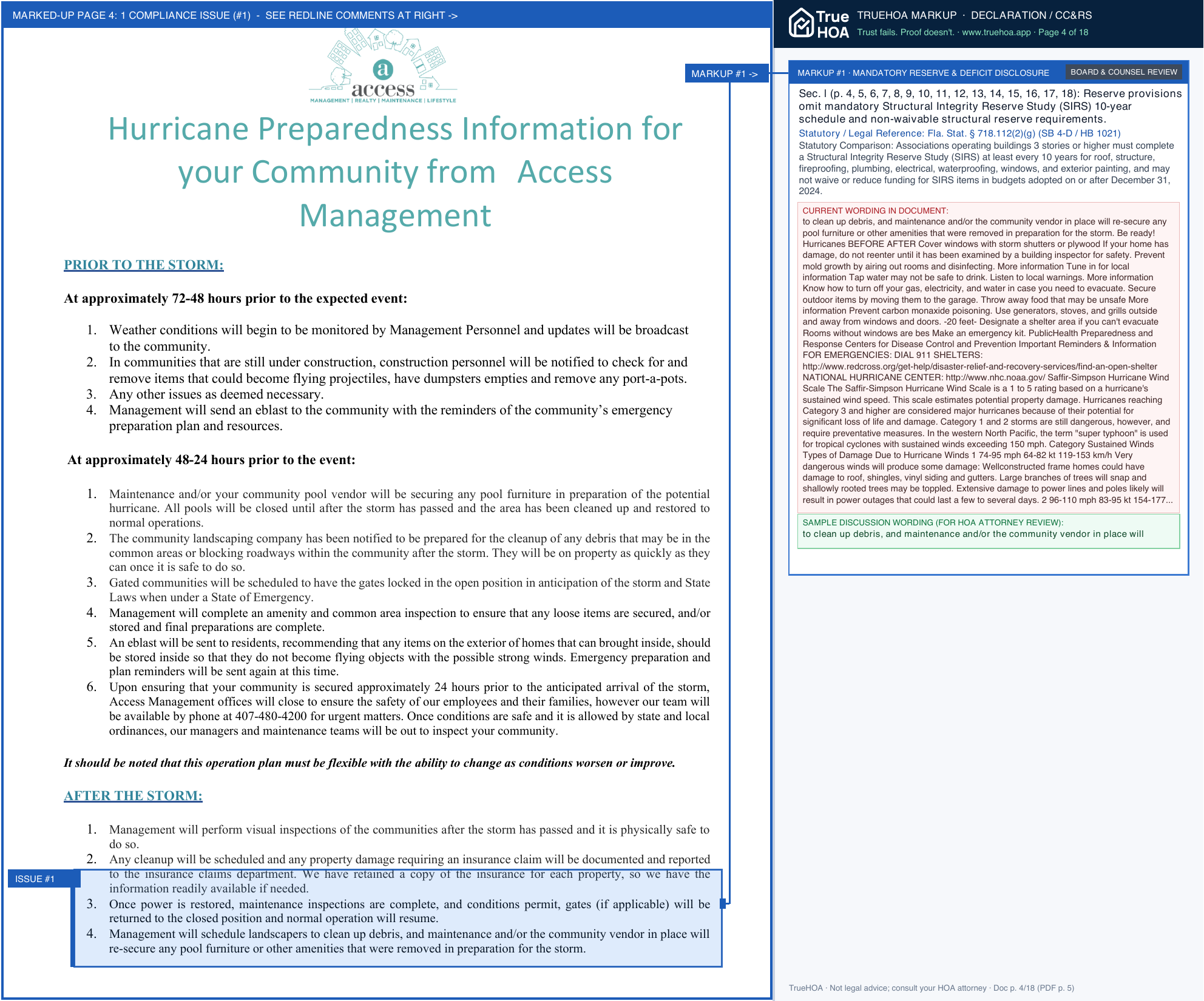 Sunset Villas Phase III Condominium Association Access Management 2024 Hurricane Guide page 4 widened with TrueHOA Crystal AI margin annotations