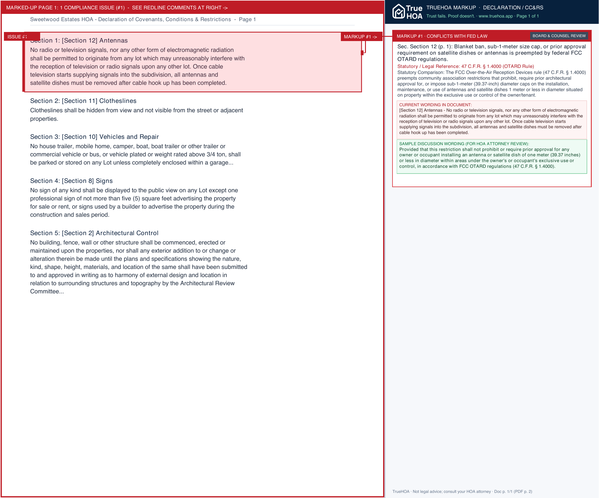 Sweetwood Estates HOA Declaration of Covenants, Conditions & Restrictions page 1 widened with TrueHOA Crystal AI margin annotations