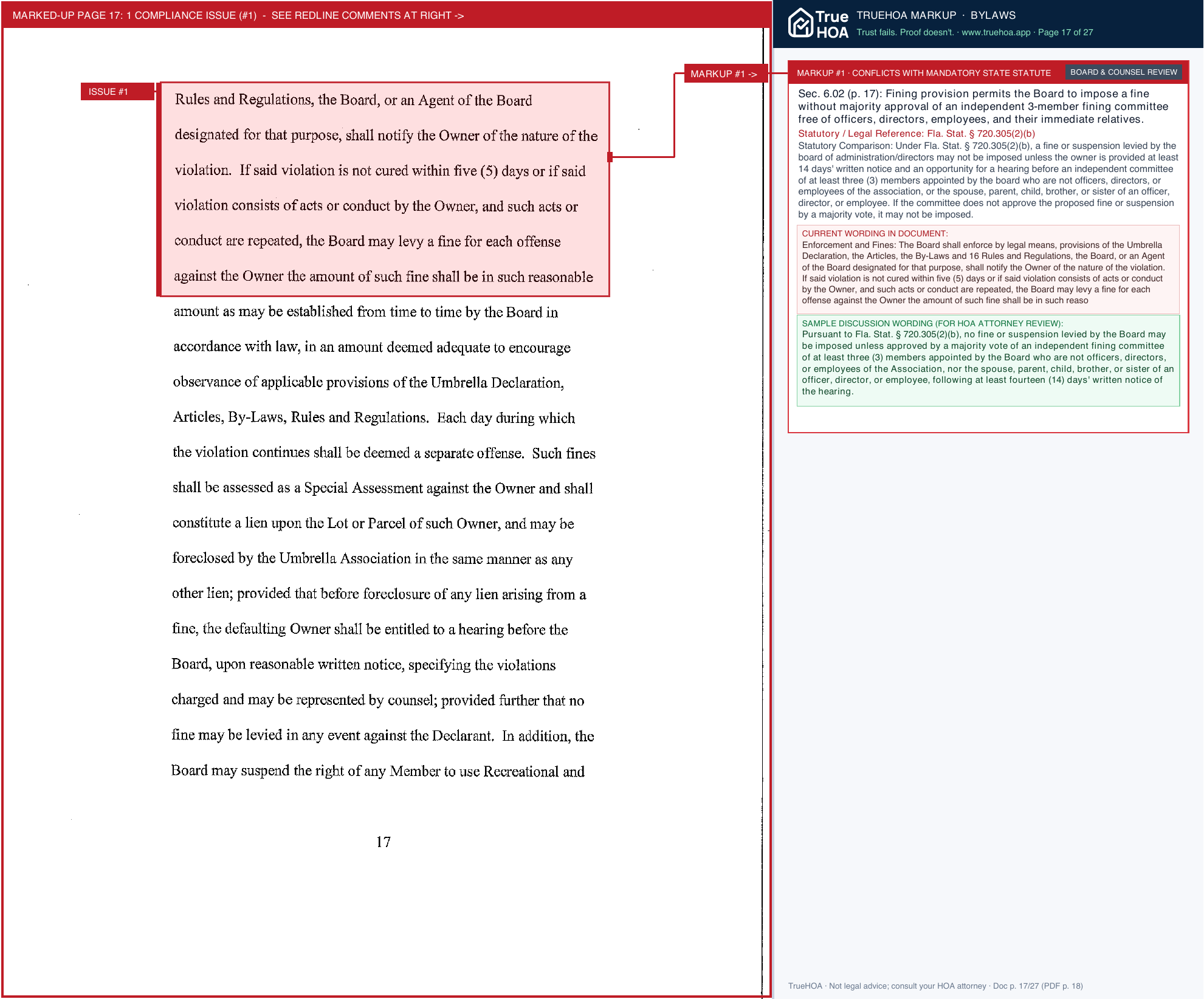 Tara Golf & Country Club Master Association TGCC Bylaws page 17 widened with TrueHOA Crystal AI margin annotations