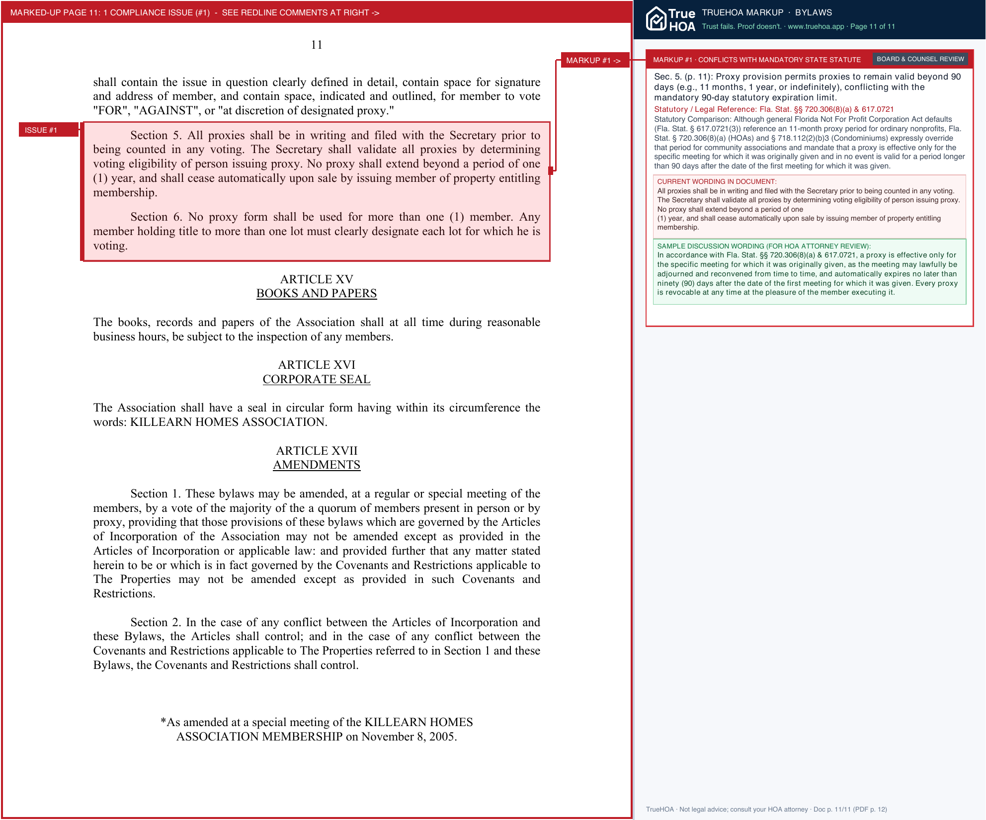 The Greens of Killearn POA Association Bylaws page 11 widened with TrueHOA Crystal AI margin annotations