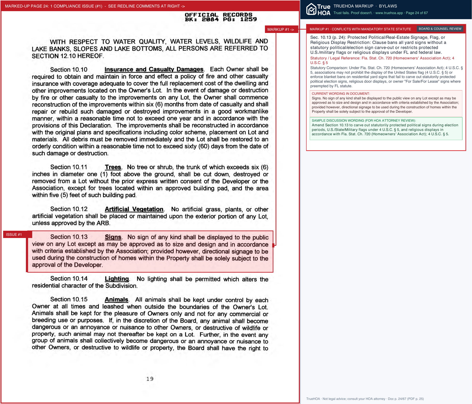 The Villages of Avalon HOA Declaration Of Covenants With Bylaws page 24 widened with TrueHOA Crystal AI margin annotations