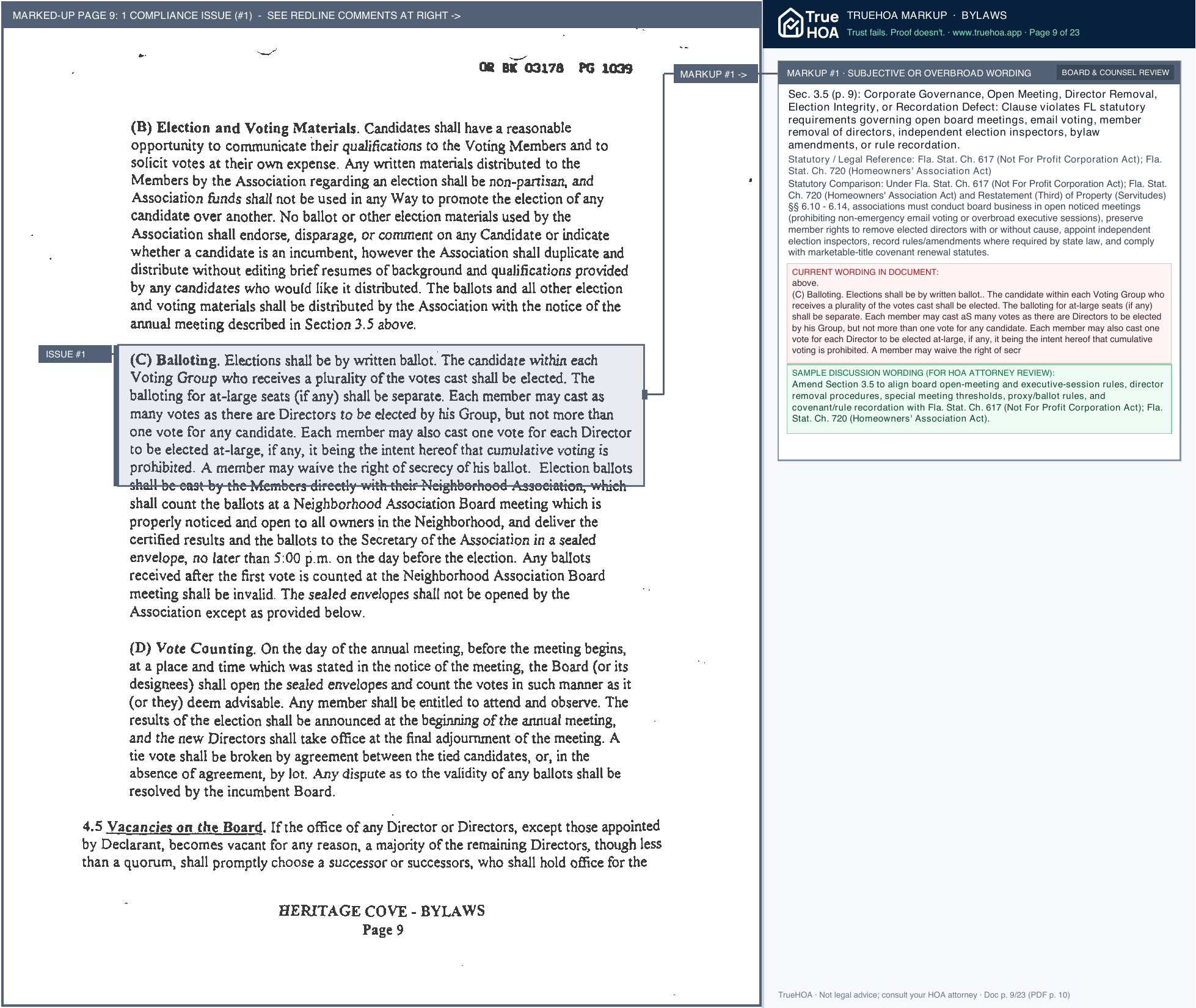 The Villas II at Heritage Cove Association Association Bylaws page 9 widened with TrueHOA Crystal AI margin annotations