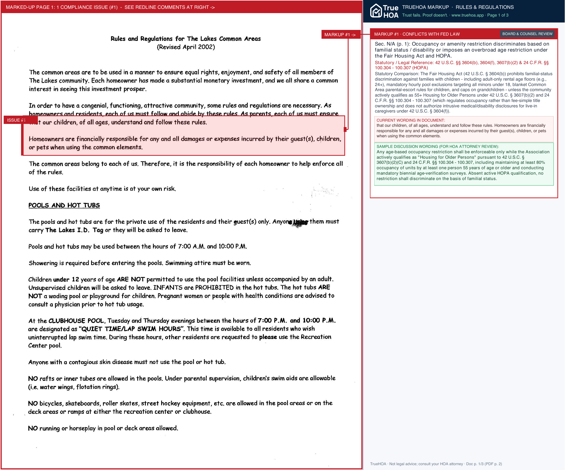 Timberlakes HOA of Sarasota TBL DOC Rules and Regs page 1 widened with TrueHOA Crystal AI margin annotations