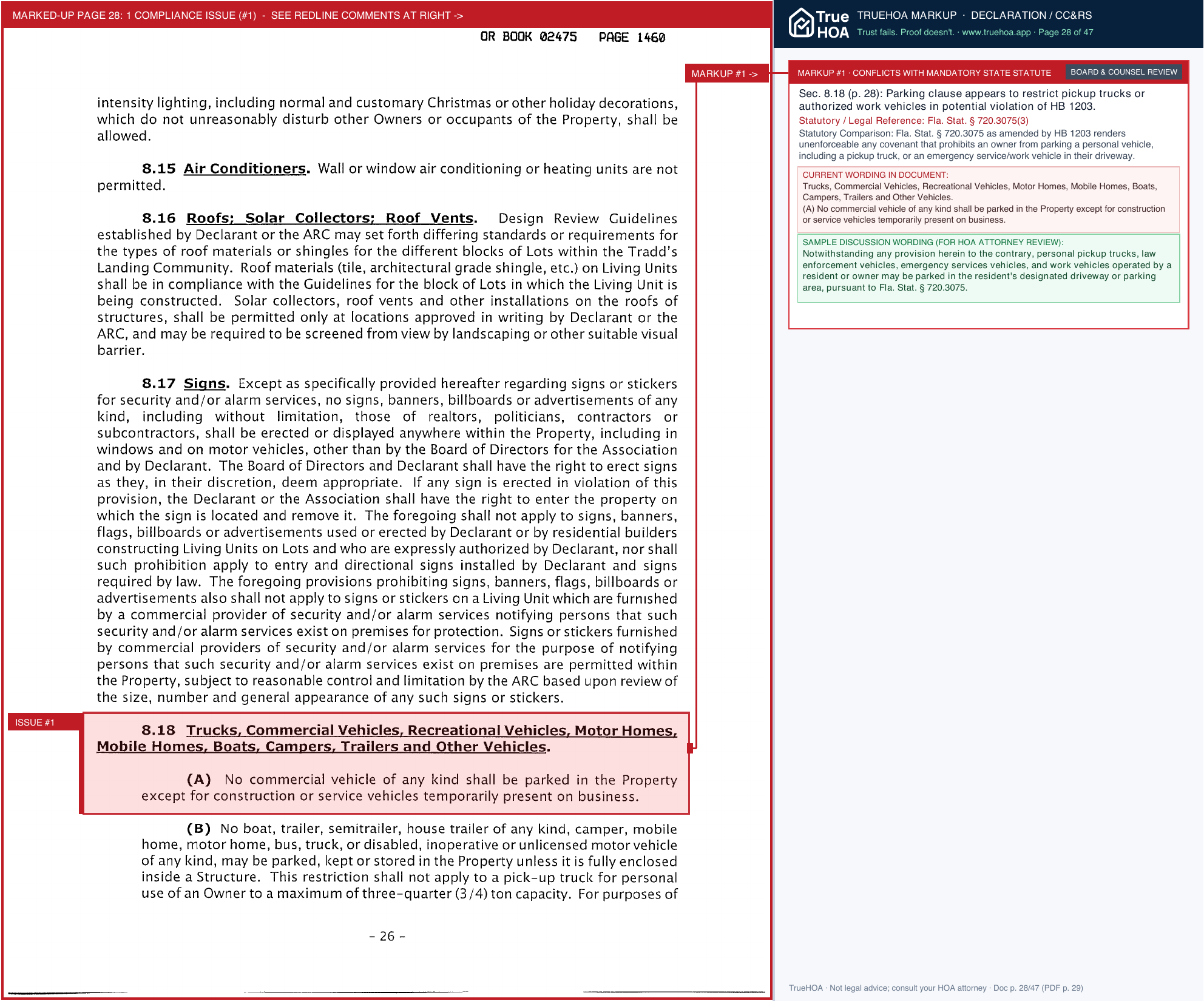 Tradd's Landing HOA Declaration page 28 widened with TrueHOA Crystal AI margin annotations
