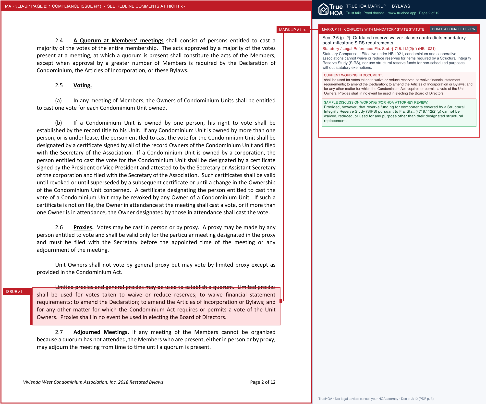 Vivienda West Condominium Association VWCA Restated 2018 Bylaws Recorded No. 2018159766 12 10 18 (Approved 10 16 18) page 2 widened with TrueHOA Crystal AI margin annotations