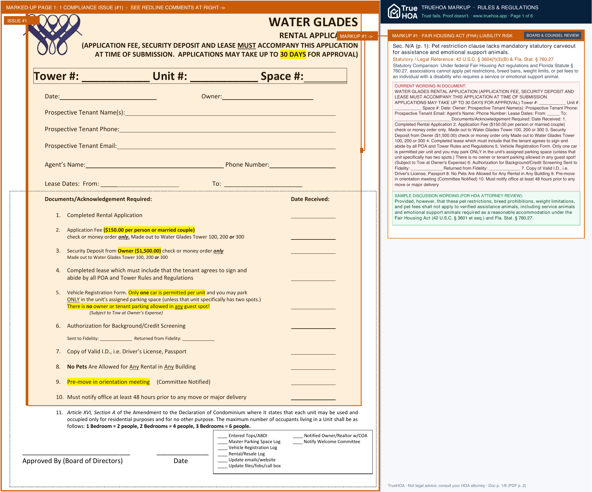 Water Glades POA RENTAL APPLICATION ALL TOWERS page 1 widened with TrueHOA Crystal AI margin annotations