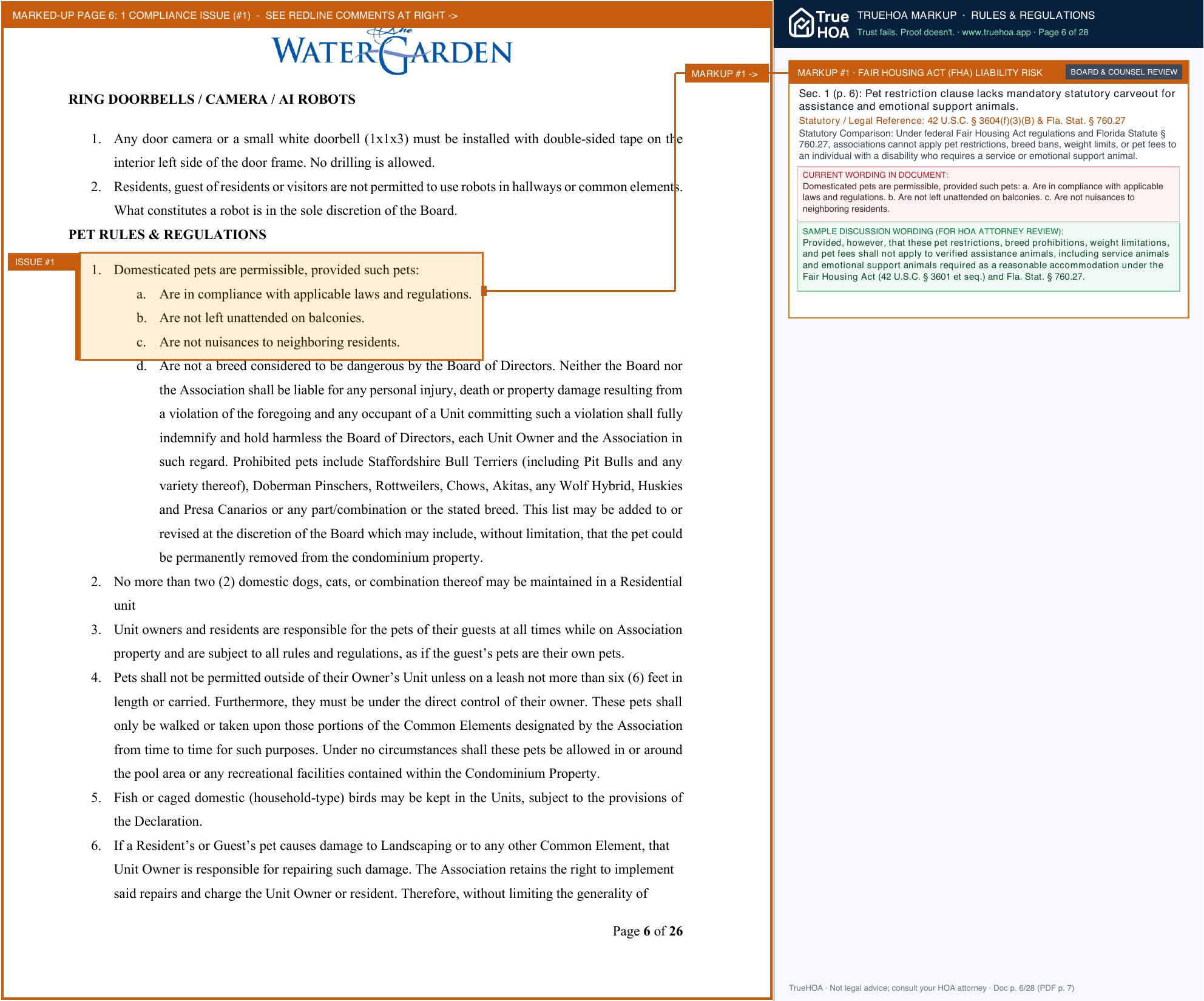 Watergarden Condominium Association Rules and Regulations 2026 page 6 widened with TrueHOA Crystal AI margin annotations