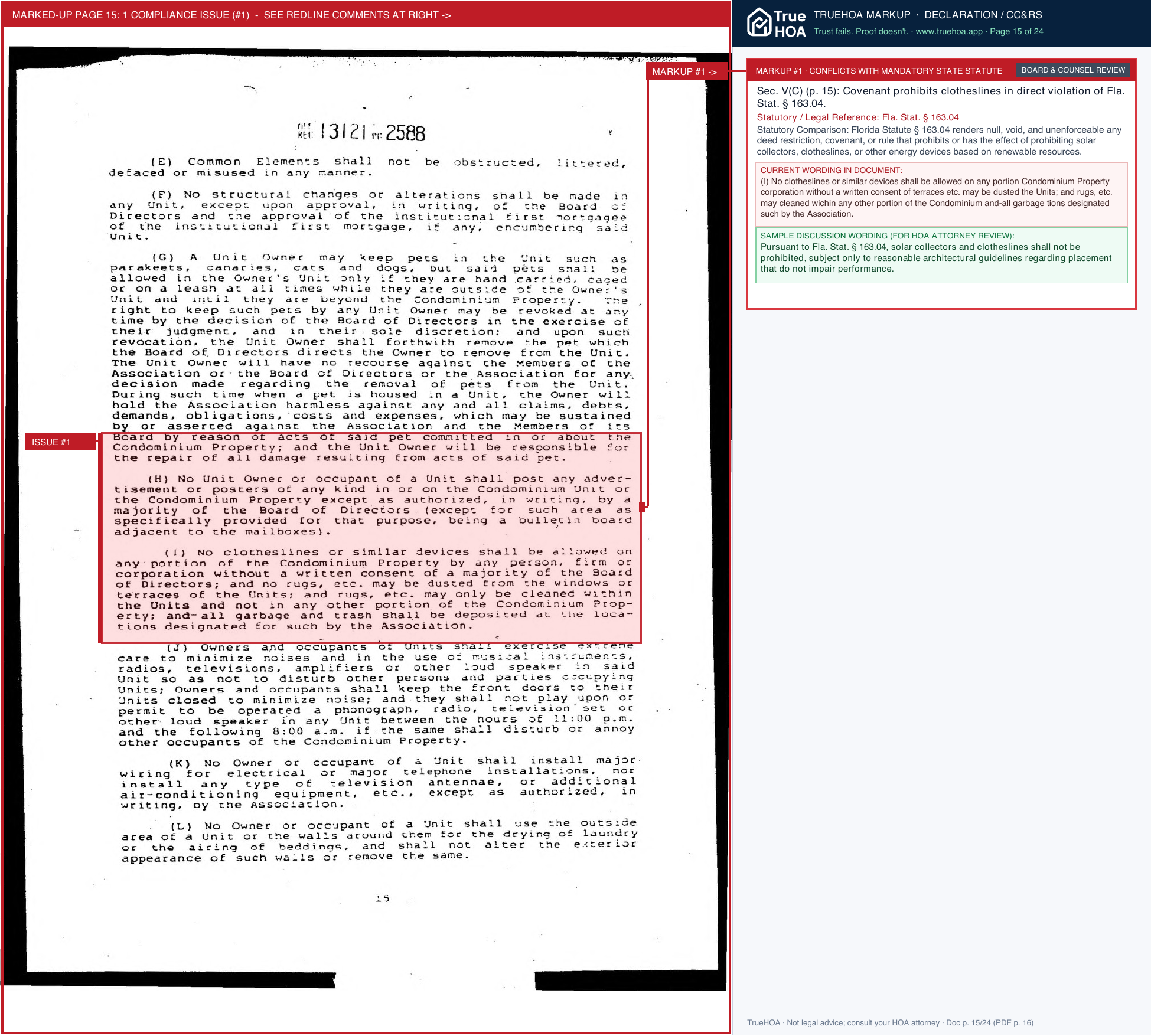 Westwind Lakes Garden Homes Condominium Association Declaration page 15 widened with TrueHOA Crystal AI margin annotations