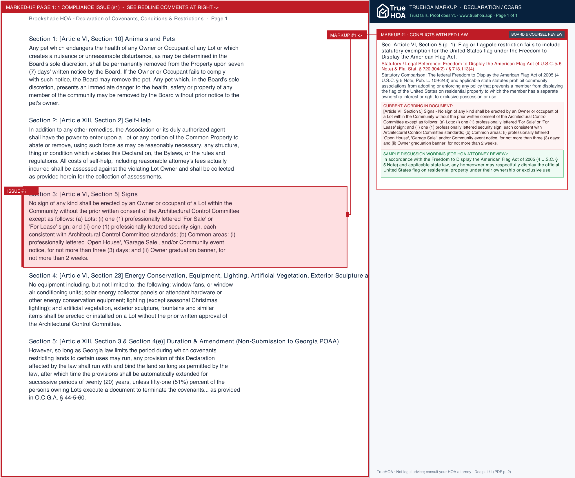 Brookshade HOA Declaration of Covenants, Conditions & Restrictions page 1 widened with TrueHOA Crystal AI margin annotations