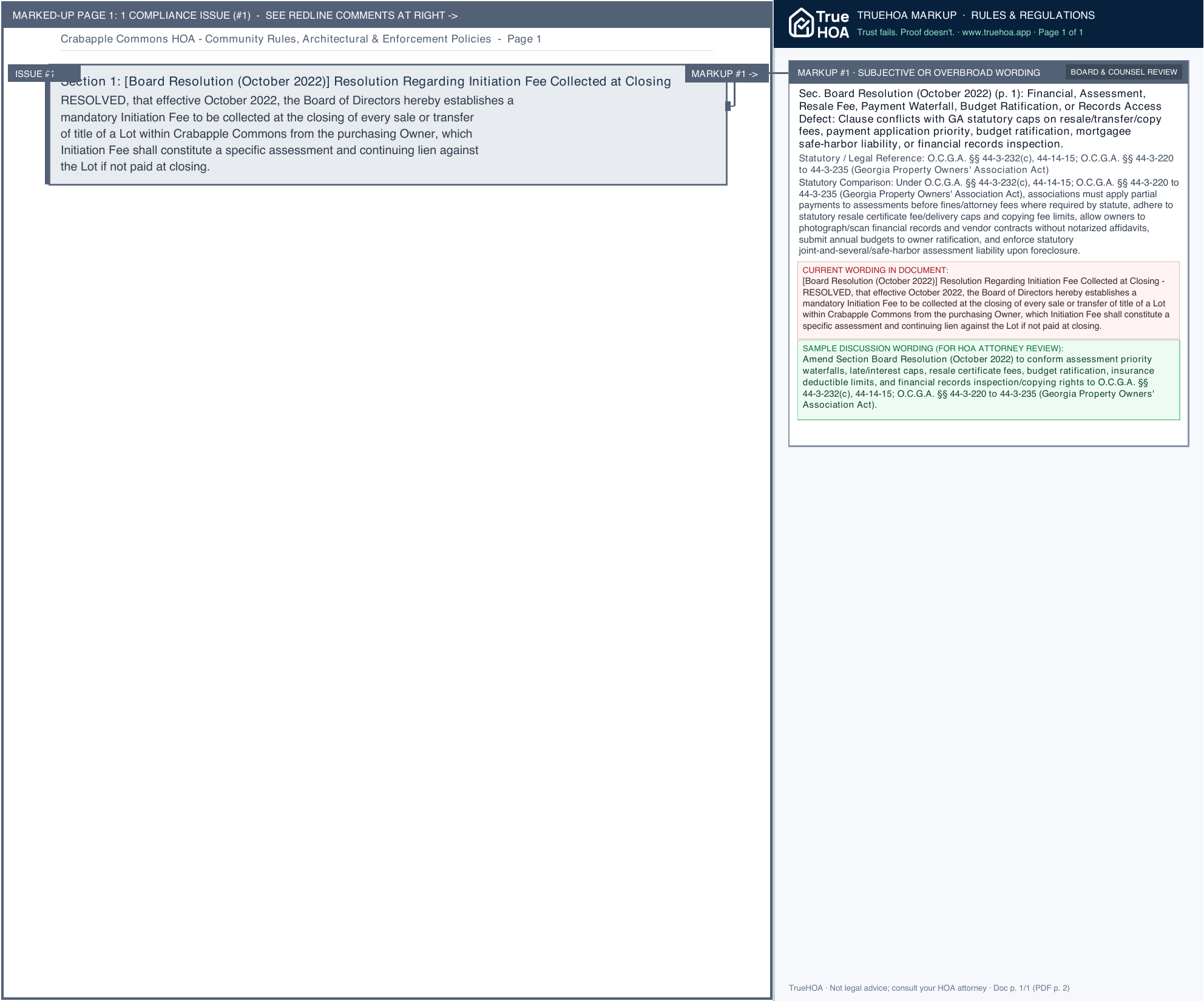Crabapple Commons HOA Community Rules, Architectural & Enforcement Policies page 1 widened with TrueHOA Crystal AI margin annotations