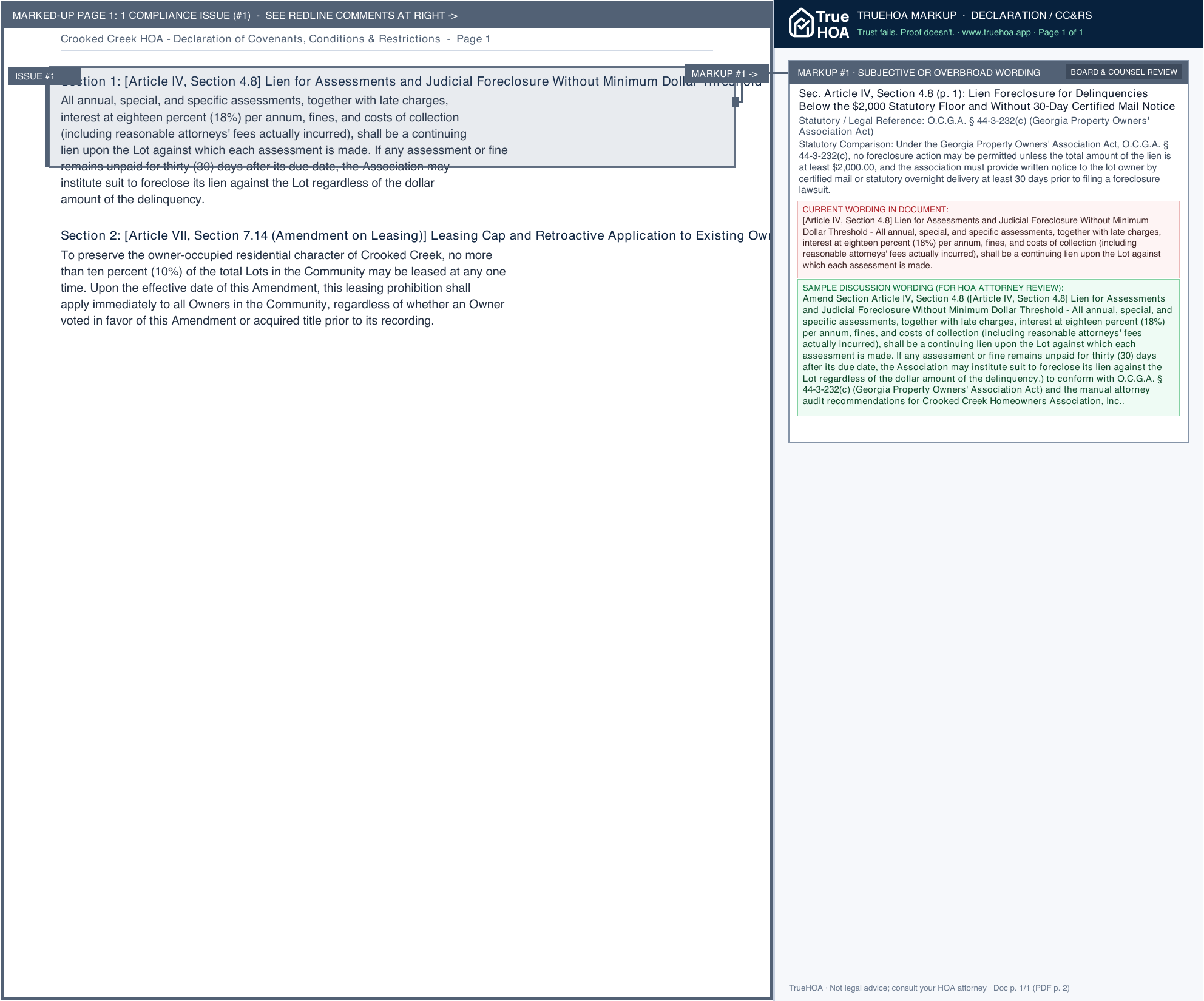 Crooked Creek HOA Declaration of Covenants, Conditions & Restrictions page 1 widened with TrueHOA Crystal AI margin annotations