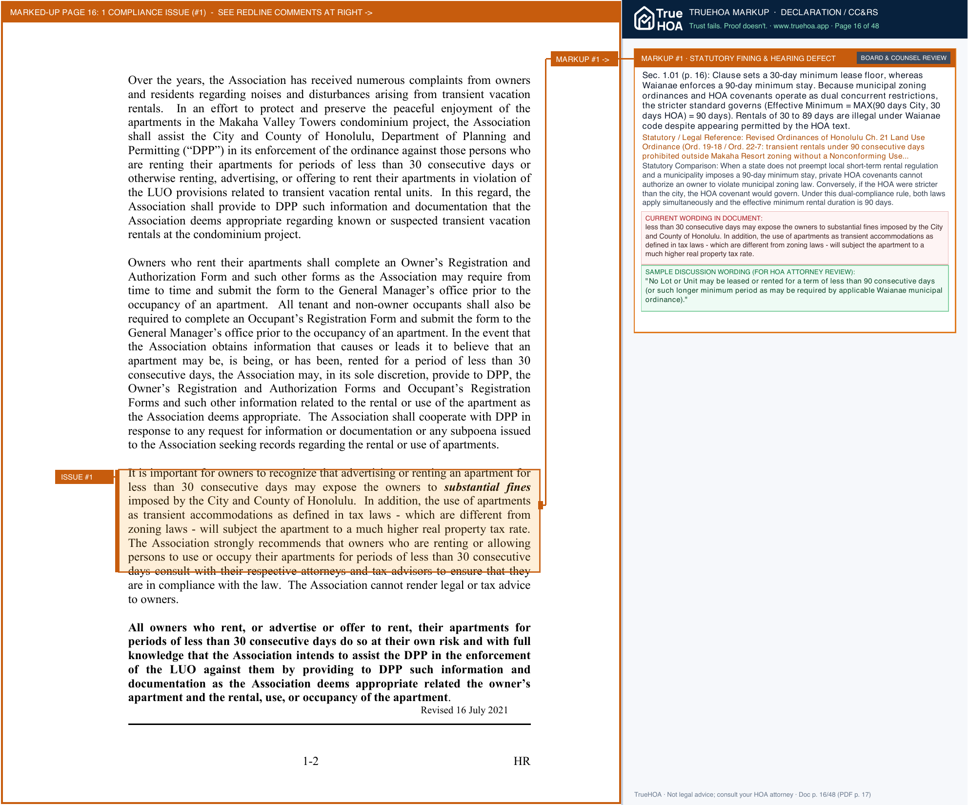 Association of Apartment Owners of Makaha Valley Towers Houserules page 16 widened with TrueHOA Crystal AI margin annotations