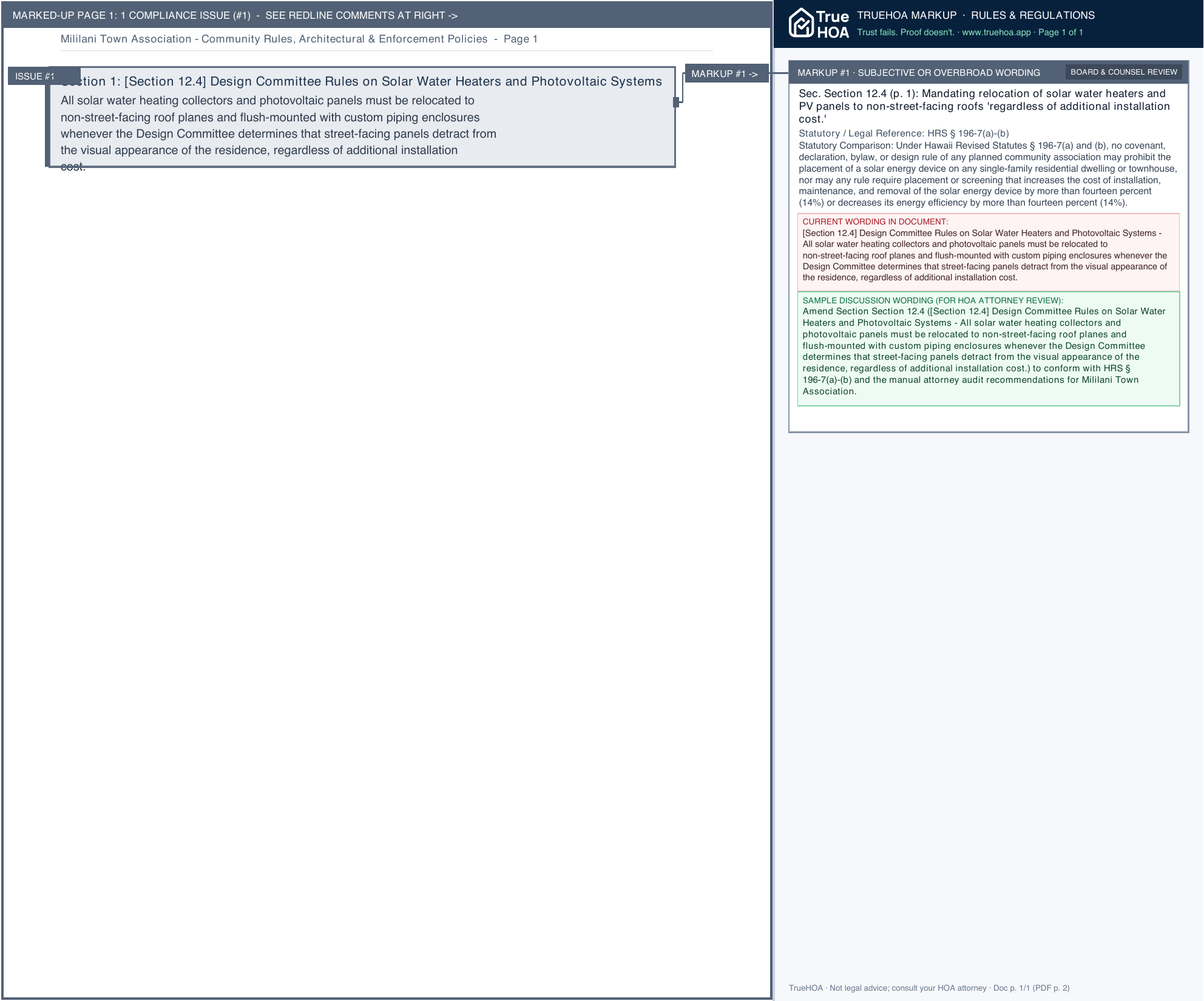 Mililani Town Association Community Rules, Architectural & Enforcement Policies page 1 widened with TrueHOA Crystal AI margin annotations