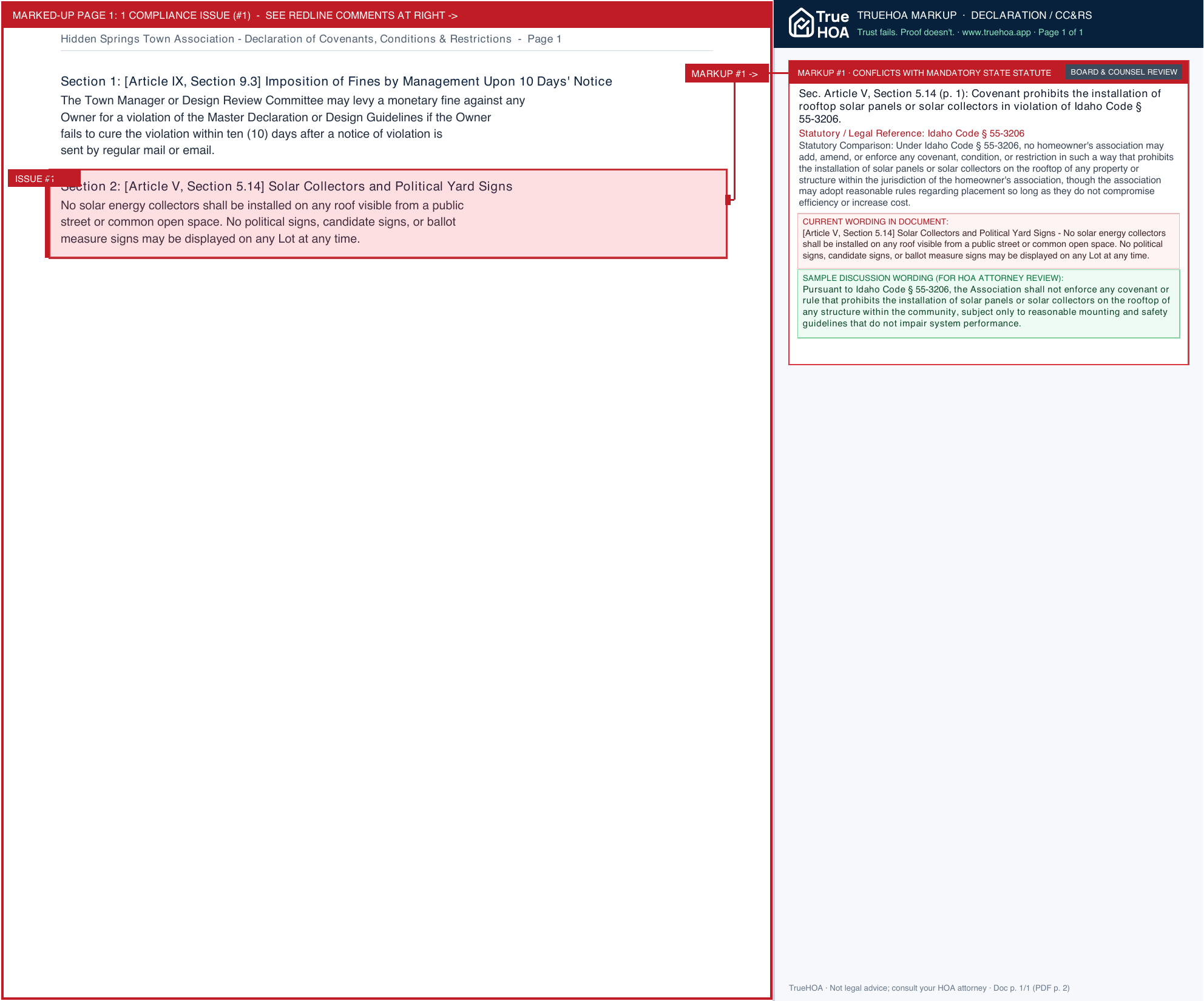 Hidden Springs Town Association Declaration of Covenants, Conditions & Restrictions page 1 widened with TrueHOA Crystal AI margin annotations
