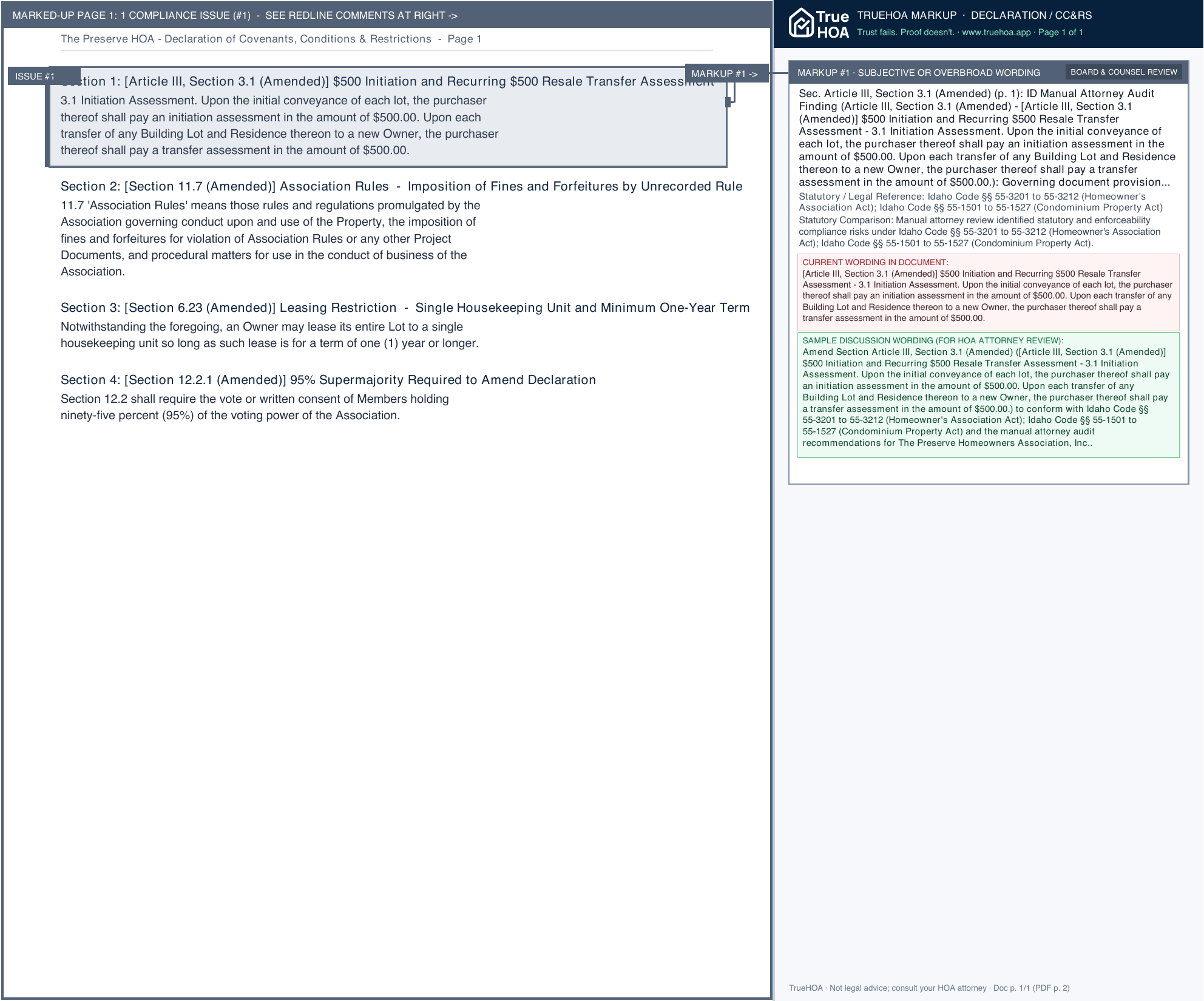 The Preserve HOA Declaration of Covenants, Conditions & Restrictions page 1 widened with TrueHOA Crystal AI margin annotations