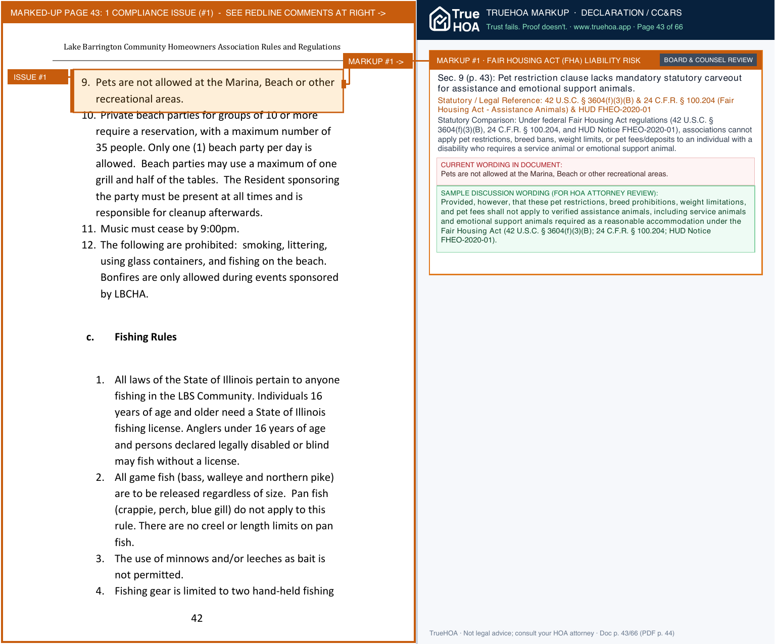 Lake Barrington Shores HOA LBCHA Rules Regs w Amendment page 43 widened with TrueHOA Crystal AI margin annotations