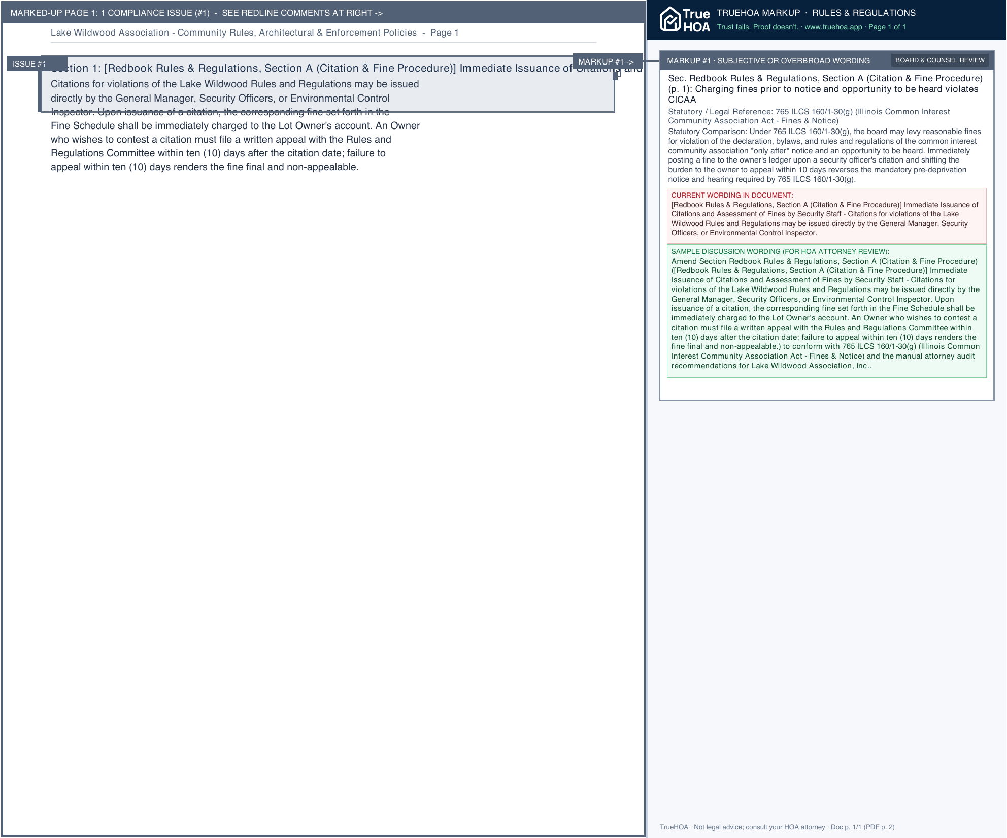 Lake Wildwood Association Community Rules, Architectural & Enforcement Policies page 1 widened with TrueHOA Crystal AI margin annotations