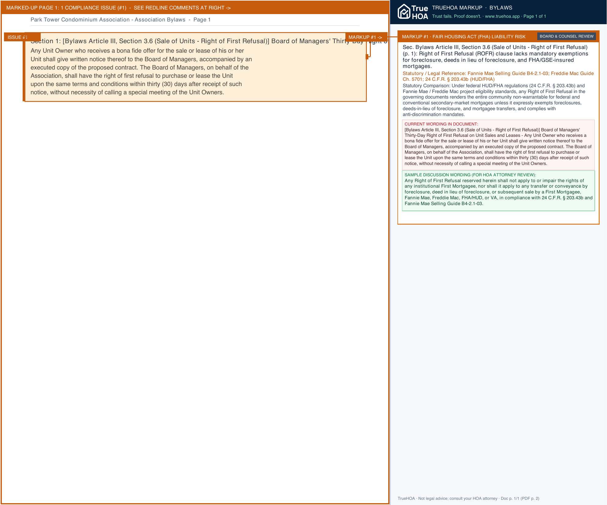 Park Tower Condominium Association Association Bylaws page 1 widened with TrueHOA Crystal AI margin annotations
