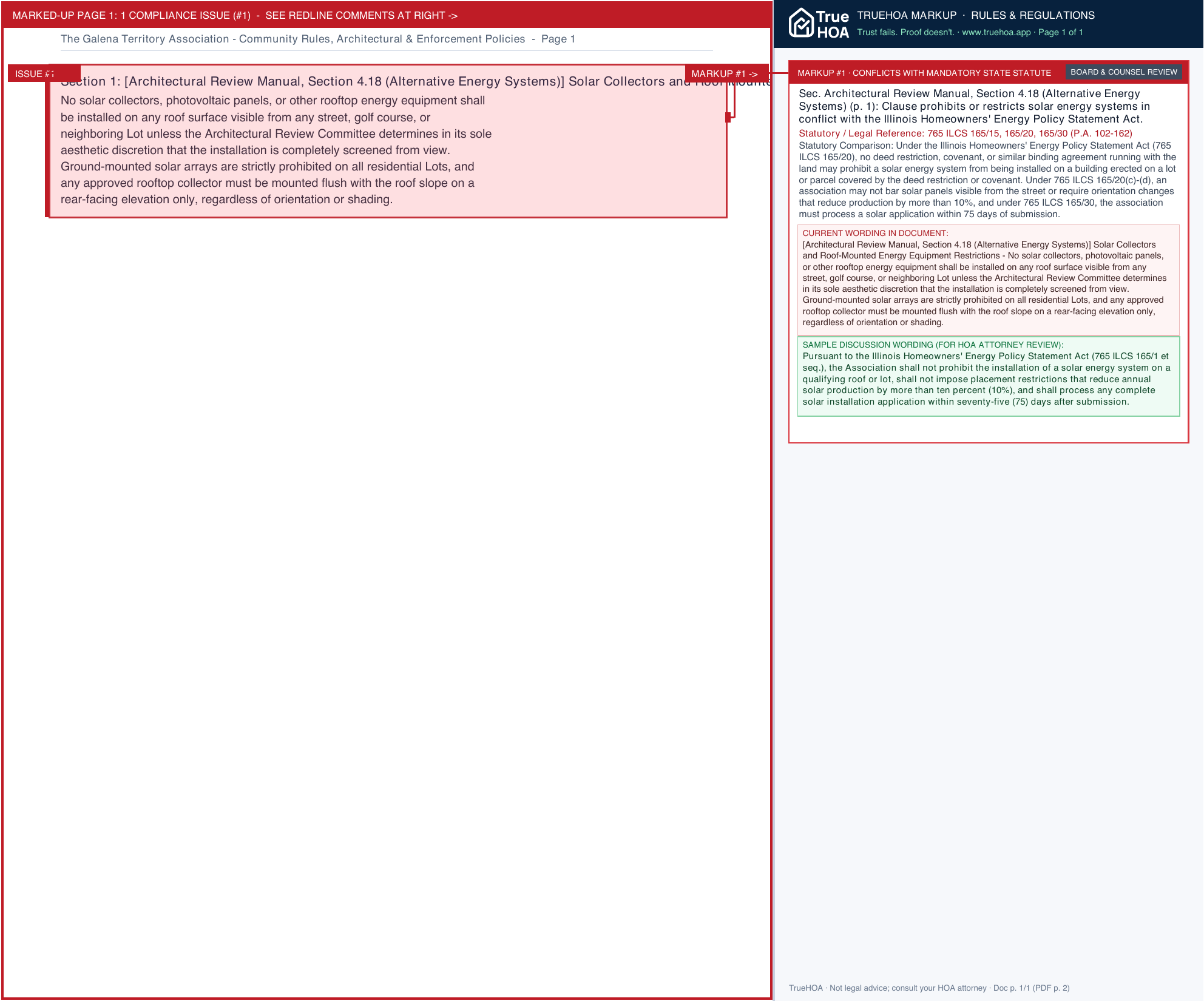 The Galena Territory Association Community Rules, Architectural & Enforcement Policies page 1 widened with TrueHOA Crystal AI margin annotations