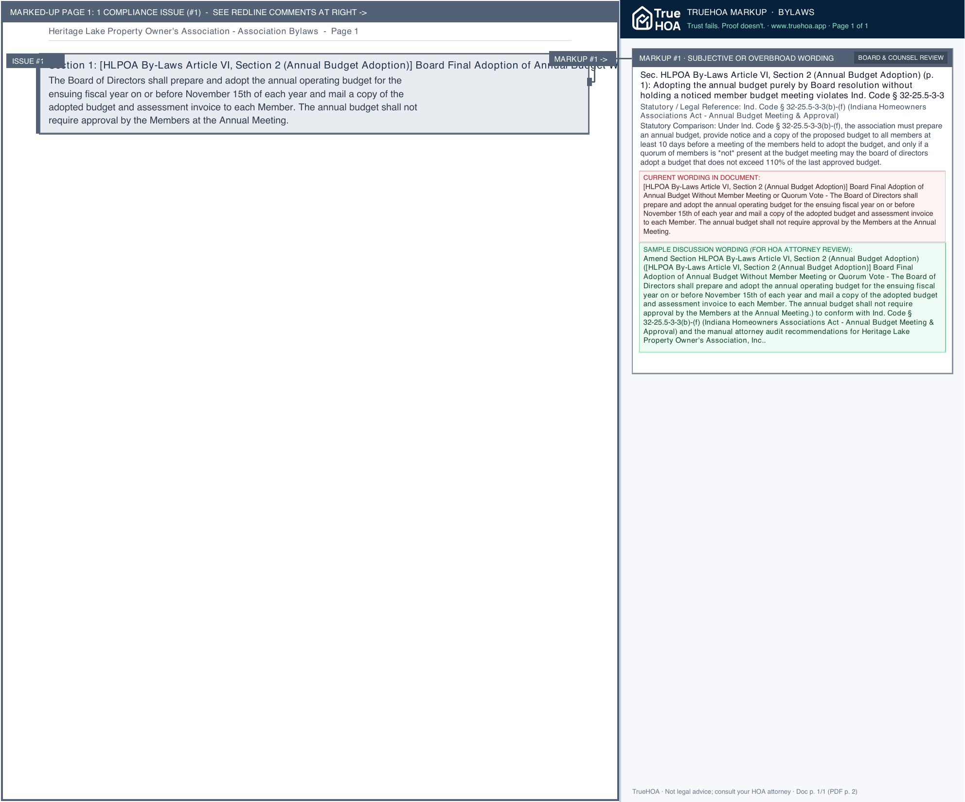 Heritage Lake Property Owner's Association Association Bylaws page 1 widened with TrueHOA Crystal AI margin annotations