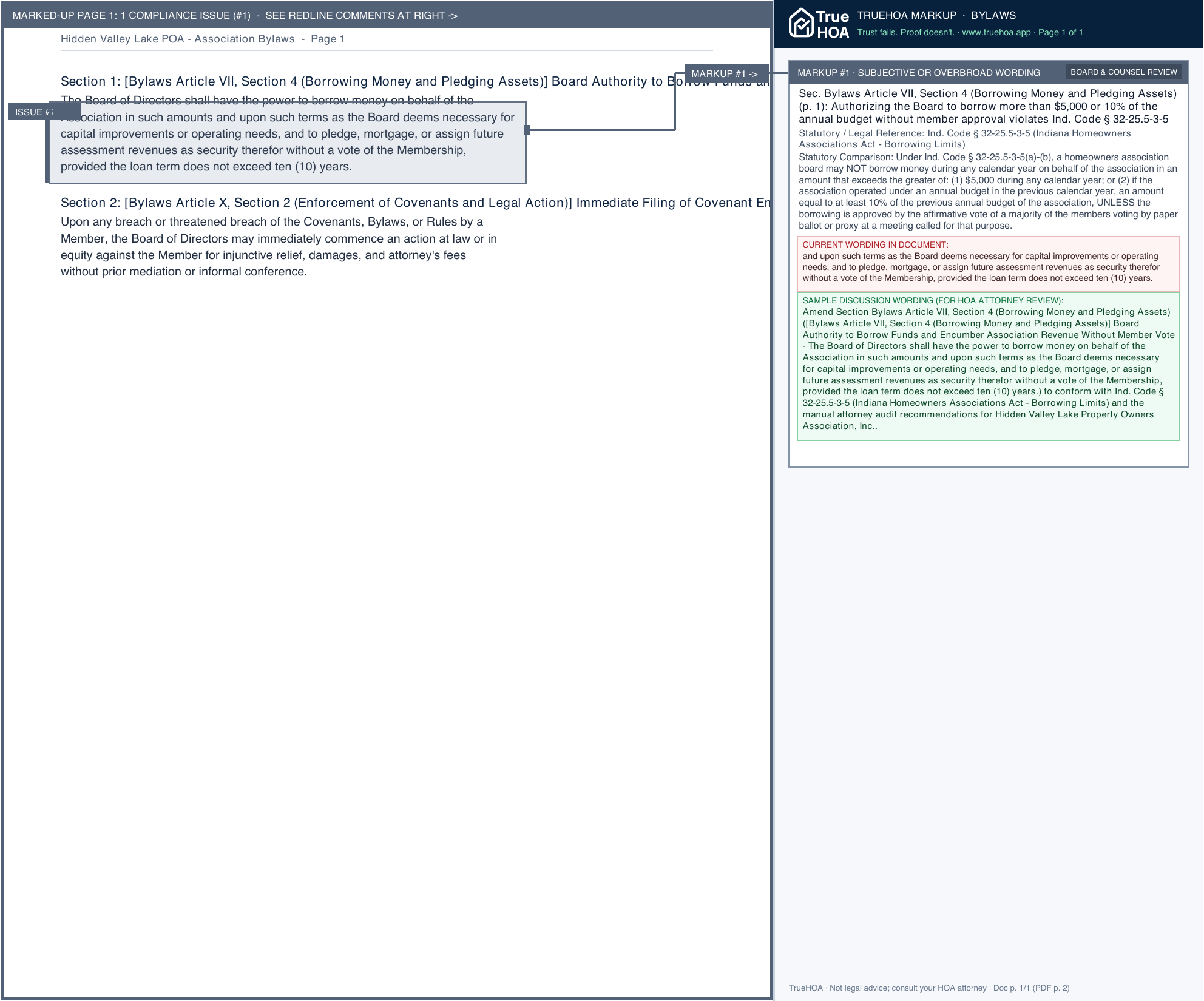 Hidden Valley Lake POA Association Bylaws page 1 widened with TrueHOA Crystal AI margin annotations