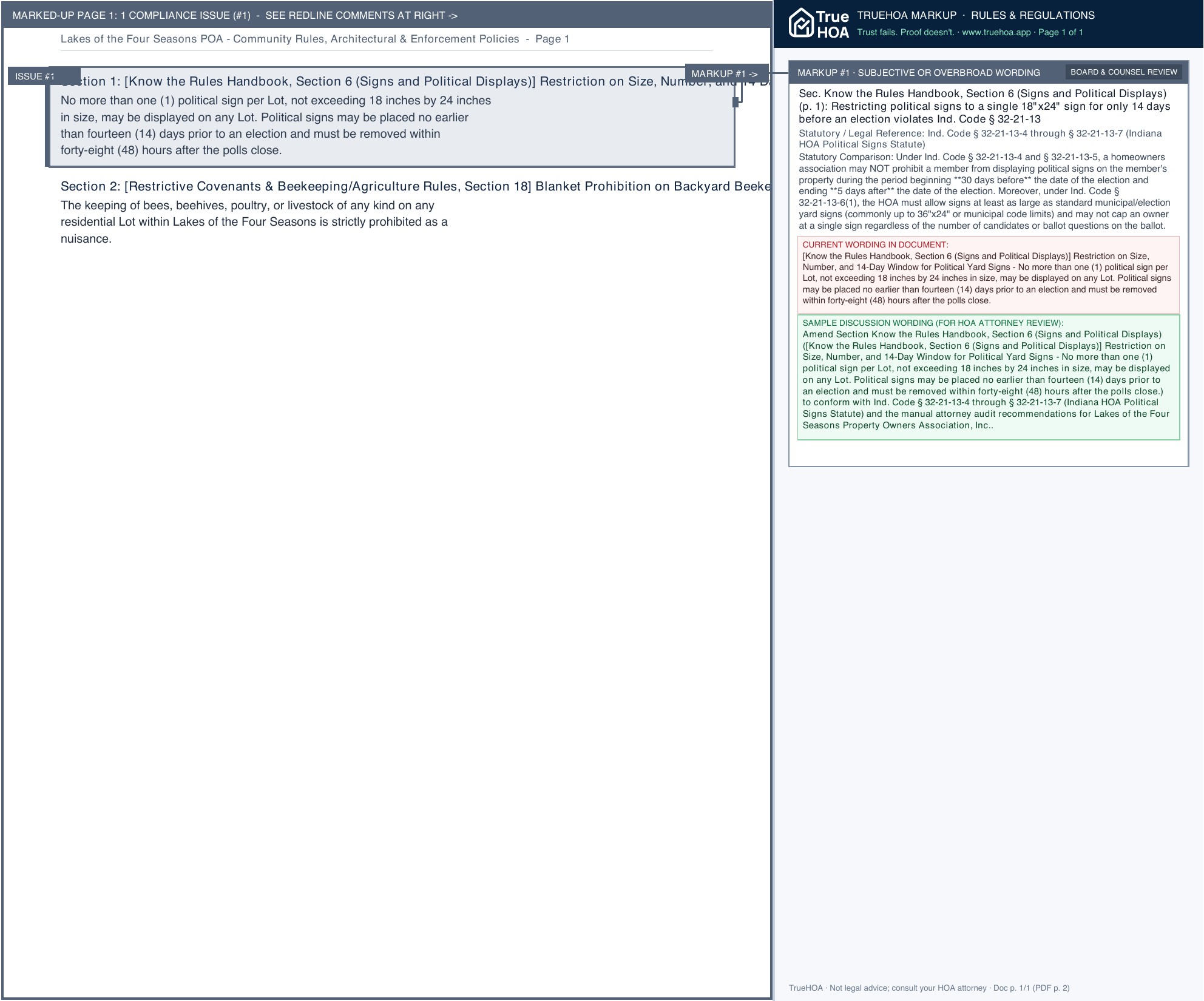 Lakes of the Four Seasons POA Community Rules, Architectural & Enforcement Policies page 1 widened with TrueHOA Crystal AI margin annotations
