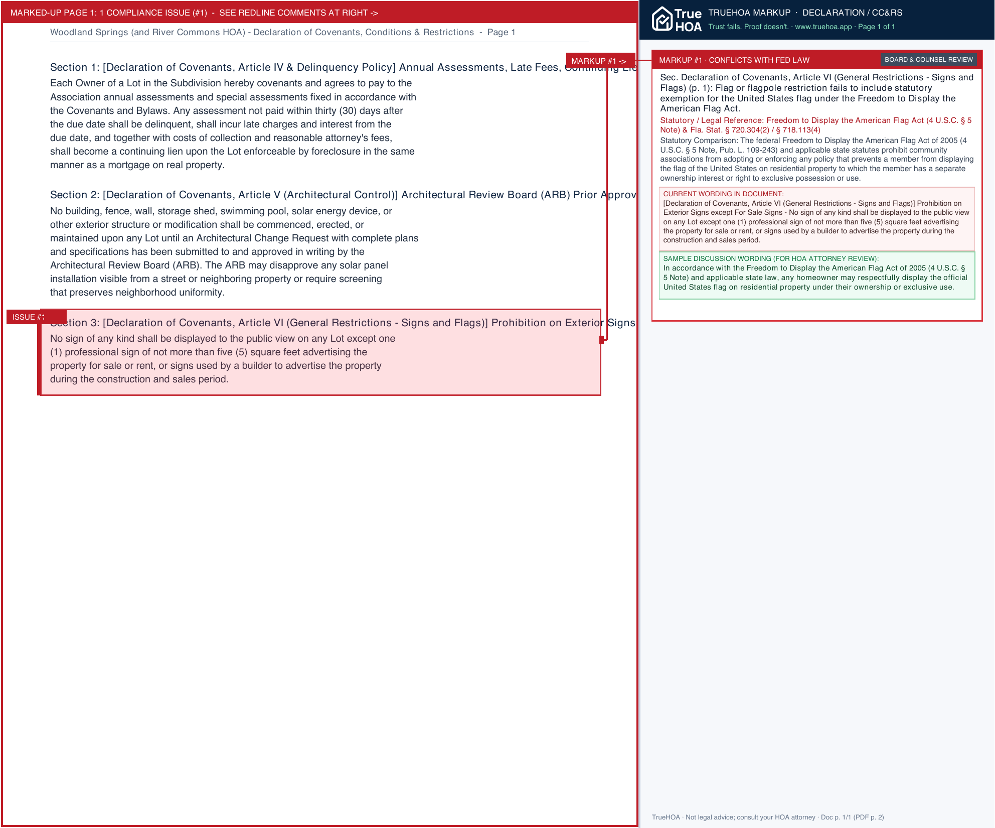 Woodland Springs (and River Commons HOA) Declaration of Covenants, Conditions & Restrictions page 1 widened with TrueHOA Crystal AI margin annotations