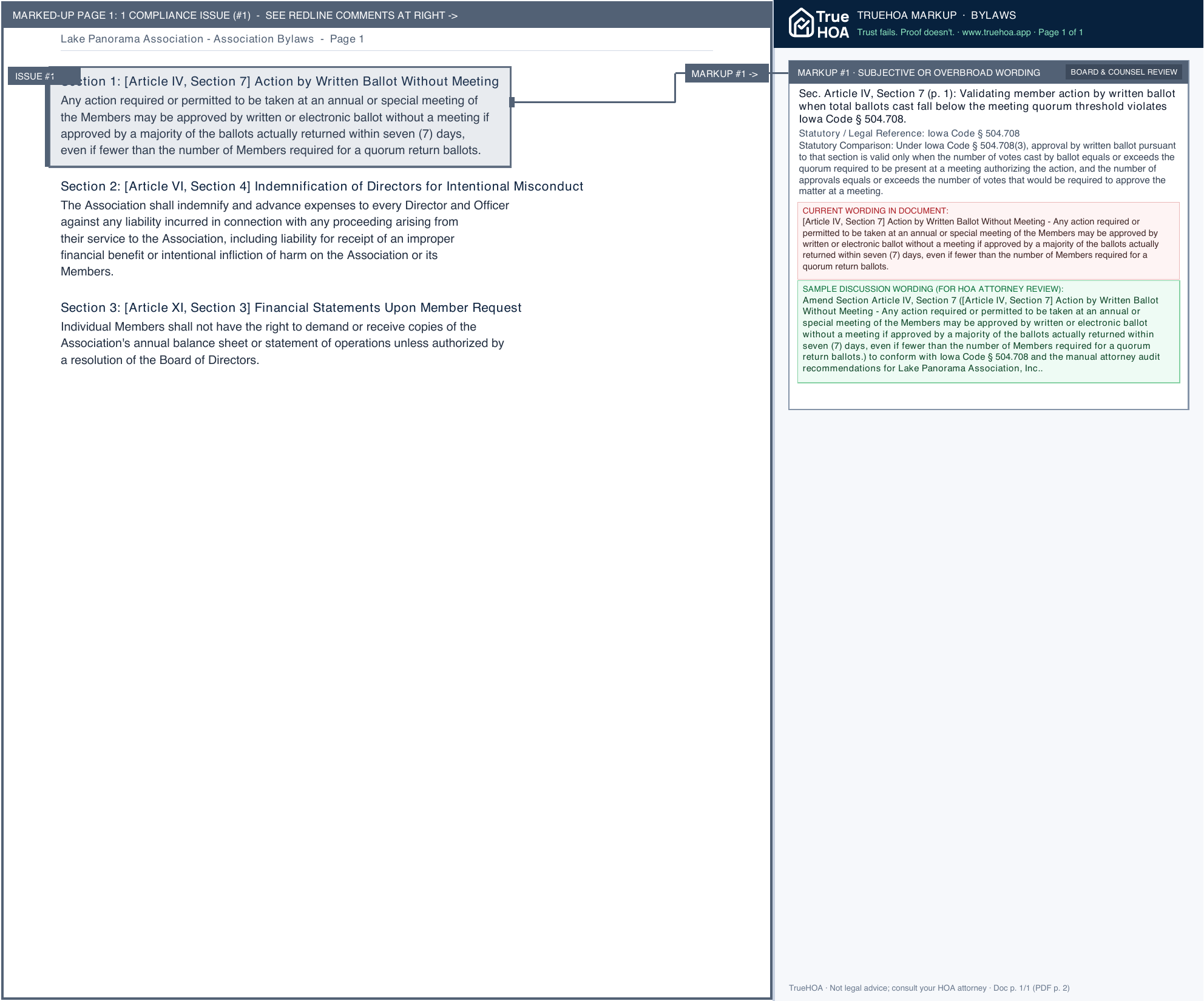 Lake Panorama Association Association Bylaws page 1 widened with TrueHOA Crystal AI margin annotations