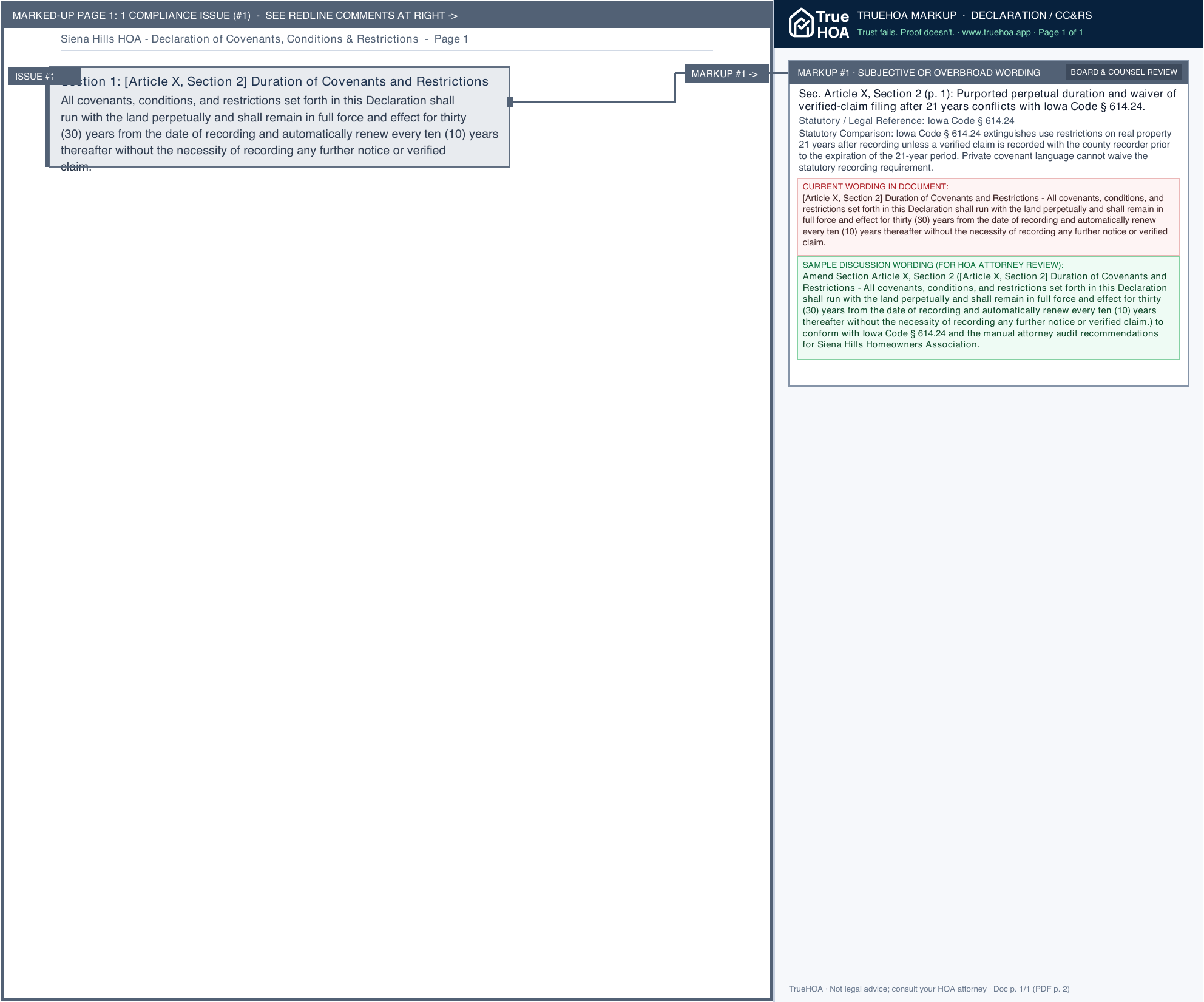 Siena Hills HOA Declaration of Covenants, Conditions & Restrictions page 1 widened with TrueHOA Crystal AI margin annotations