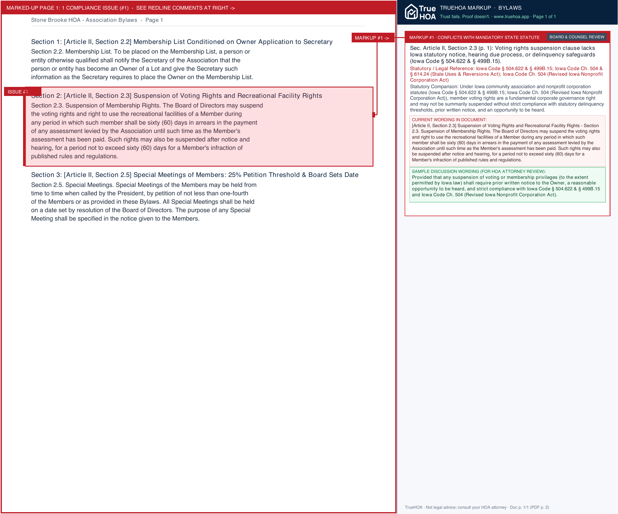 Stone Brooke HOA Association Bylaws page 1 widened with TrueHOA Crystal AI margin annotations