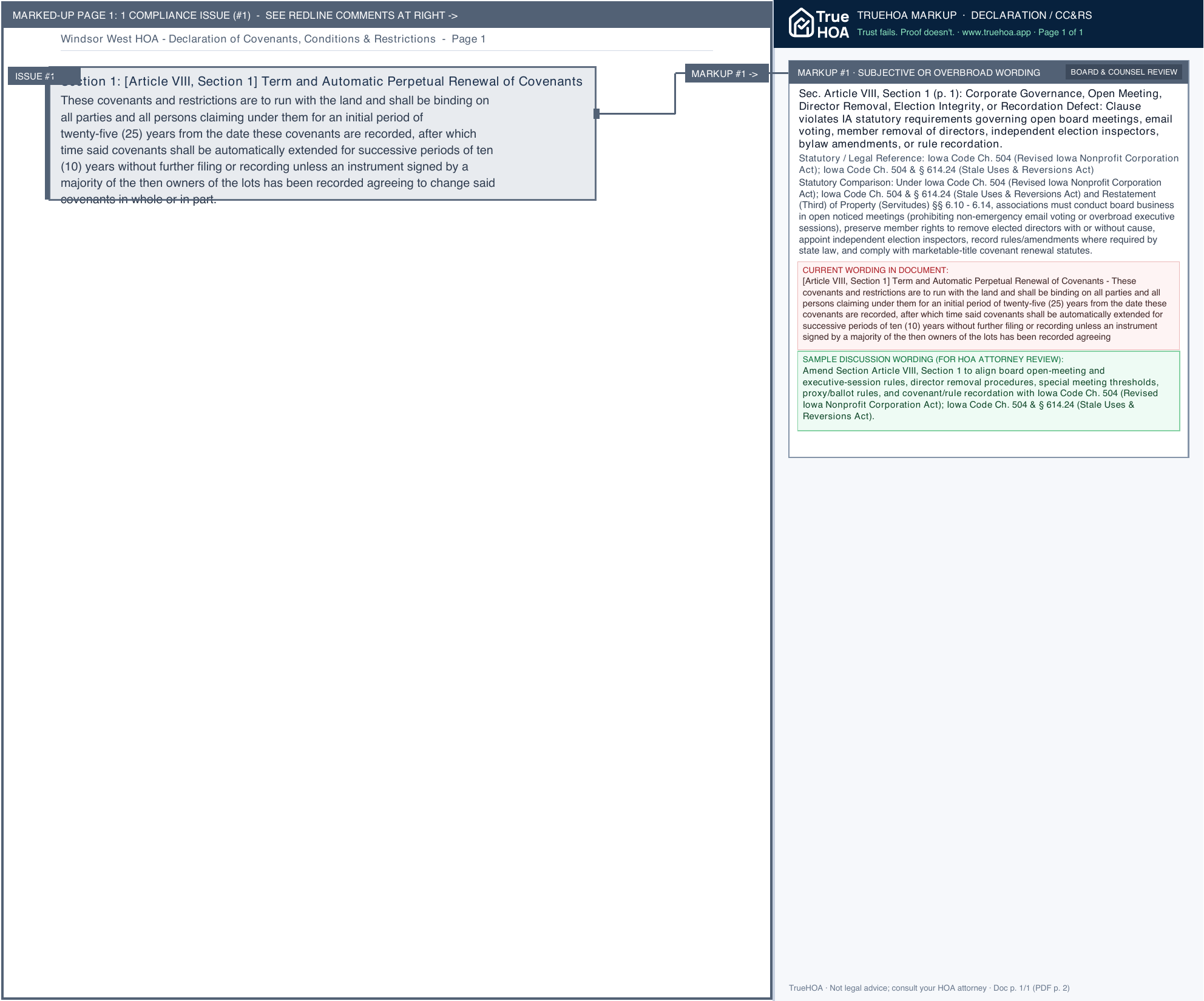 Windsor West HOA Declaration of Covenants, Conditions & Restrictions page 1 widened with TrueHOA Crystal AI margin annotations