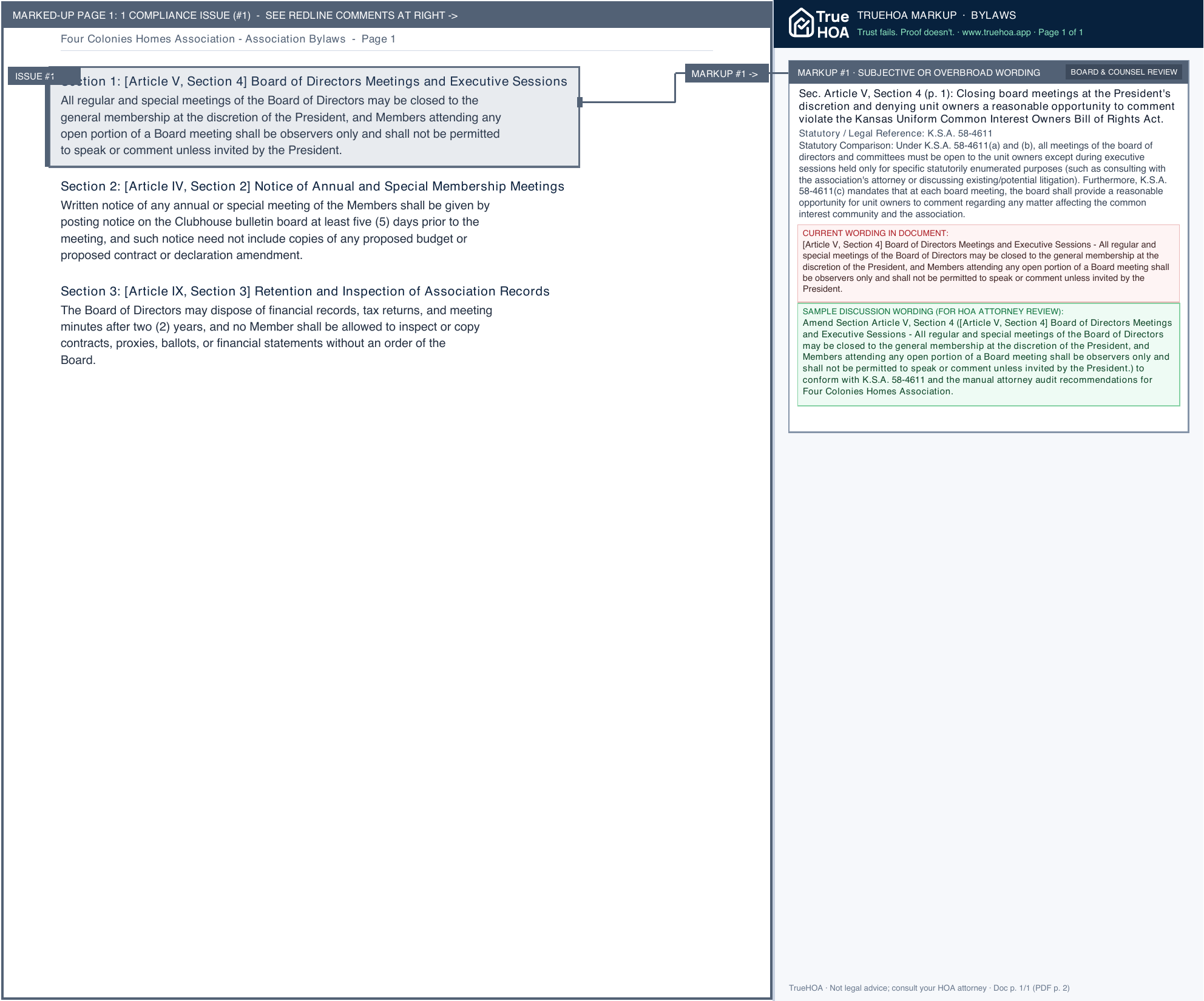 Four Colonies Homes Association Association Bylaws page 1 widened with TrueHOA Crystal AI margin annotations