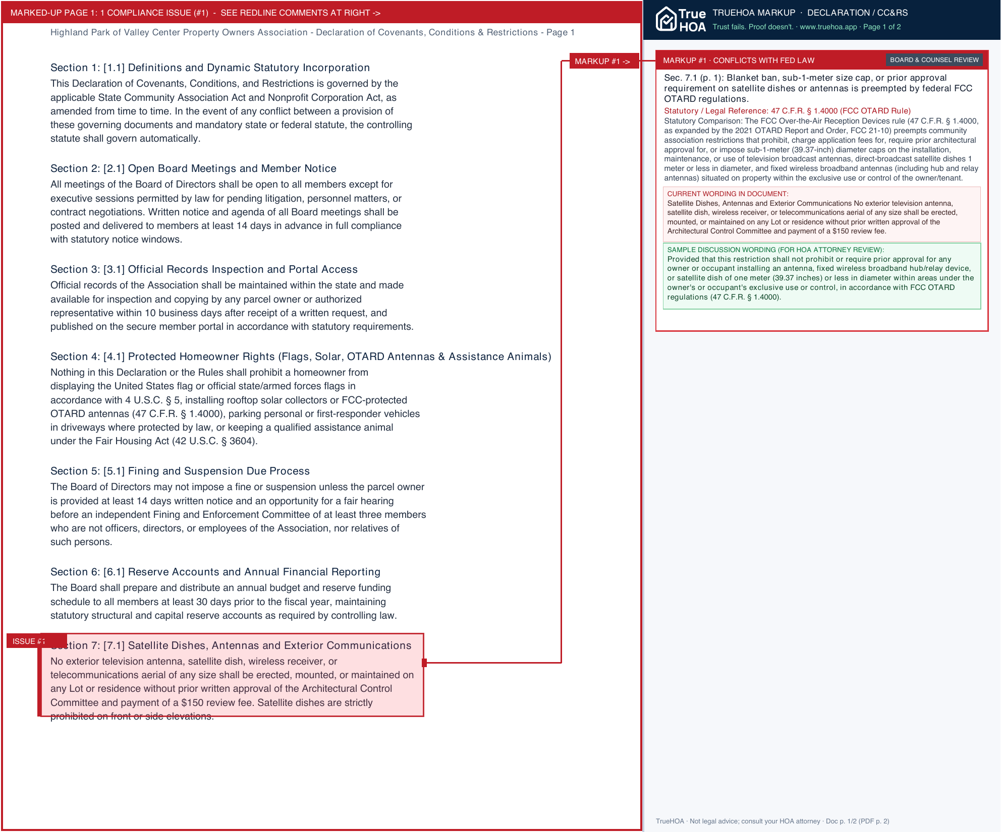Highland Park of Valley Center Property Owners Association Declaration of Covenants, Conditions & Restrictions page 1 widened with TrueHOA Crystal AI margin annotations