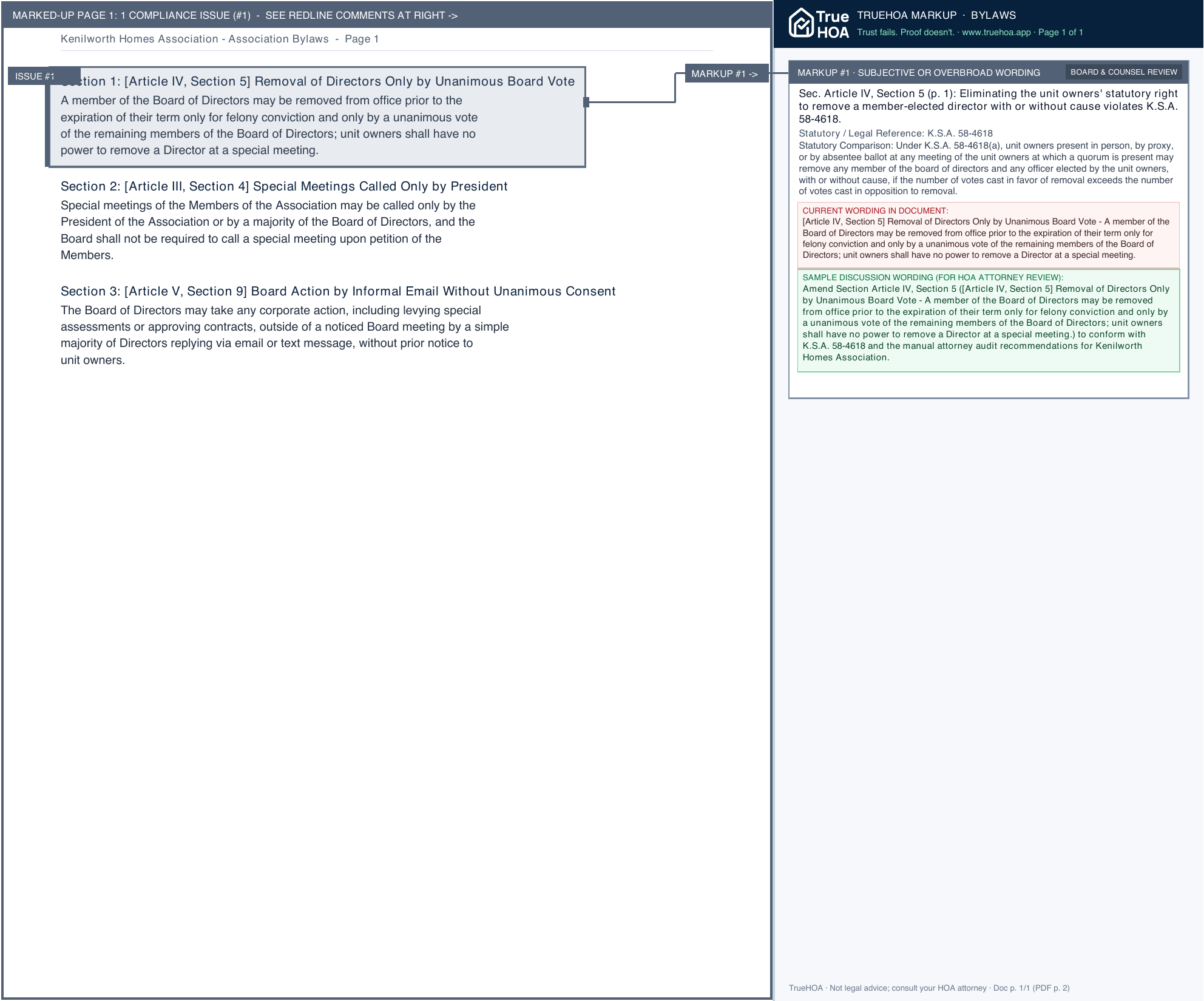Kenilworth Homes Association Association Bylaws page 1 widened with TrueHOA Crystal AI margin annotations
