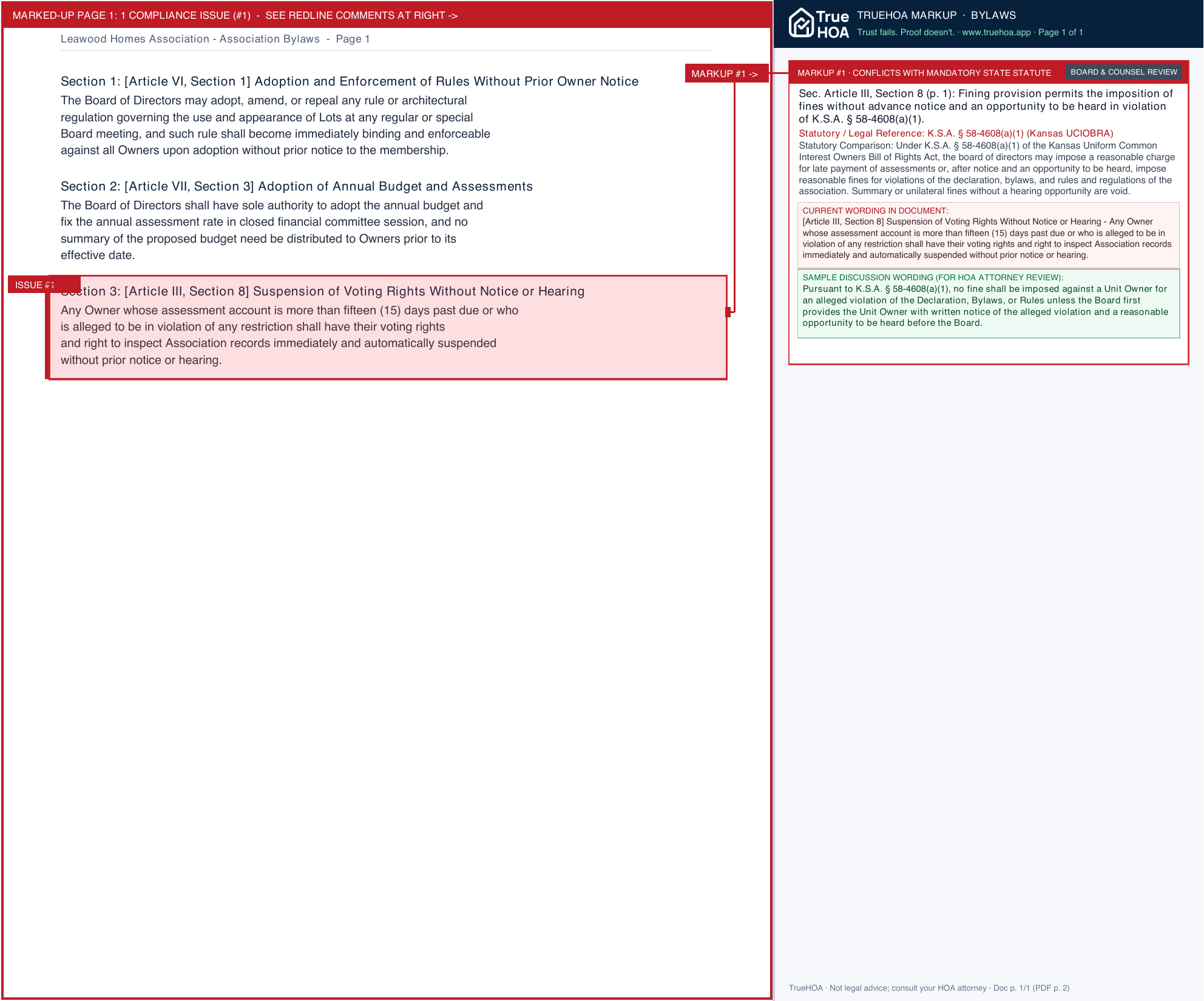 Leawood Homes Association Association Bylaws page 1 widened with TrueHOA Crystal AI margin annotations