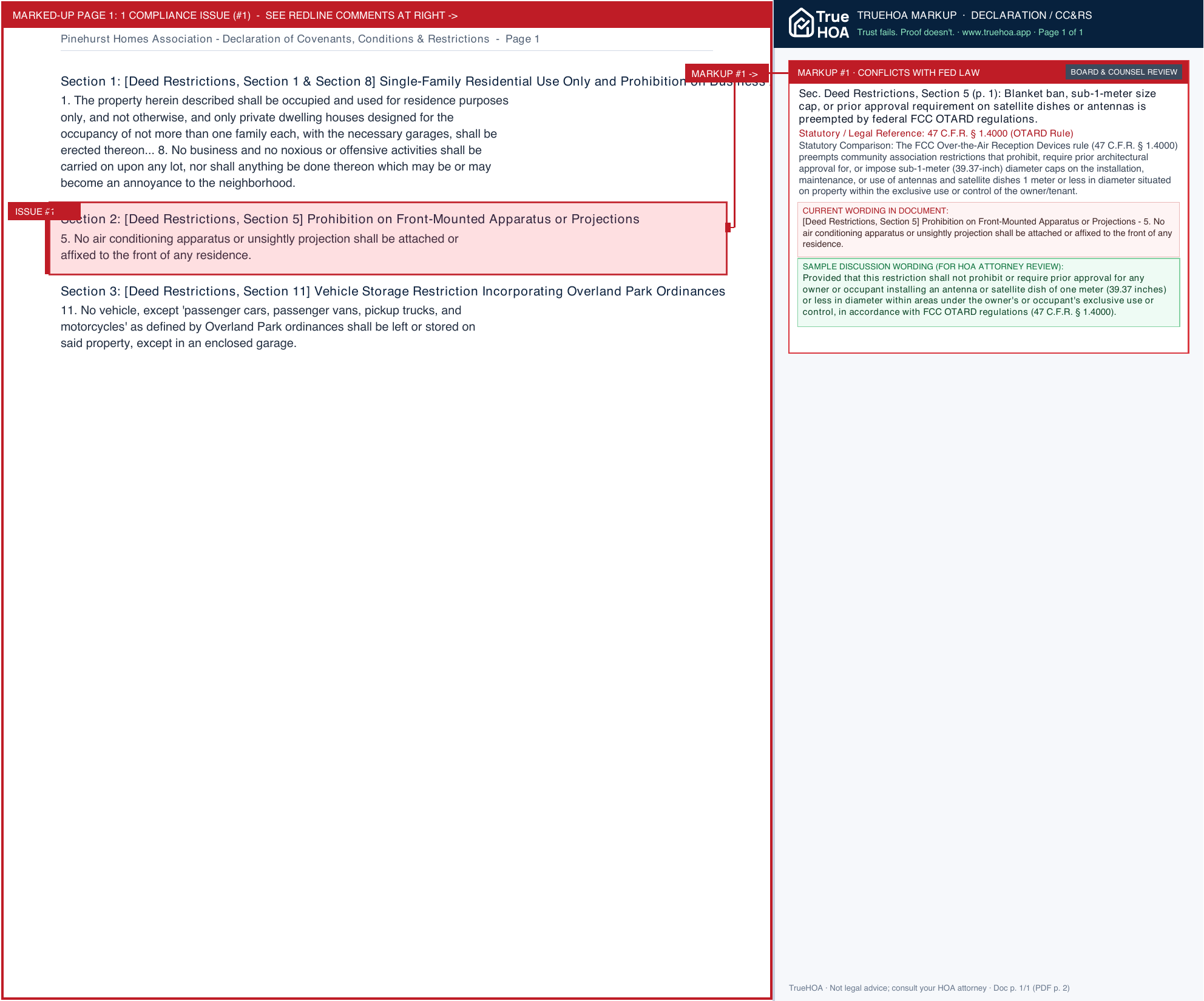 Pinehurst Homes Association Declaration of Covenants, Conditions & Restrictions page 1 widened with TrueHOA Crystal AI margin annotations